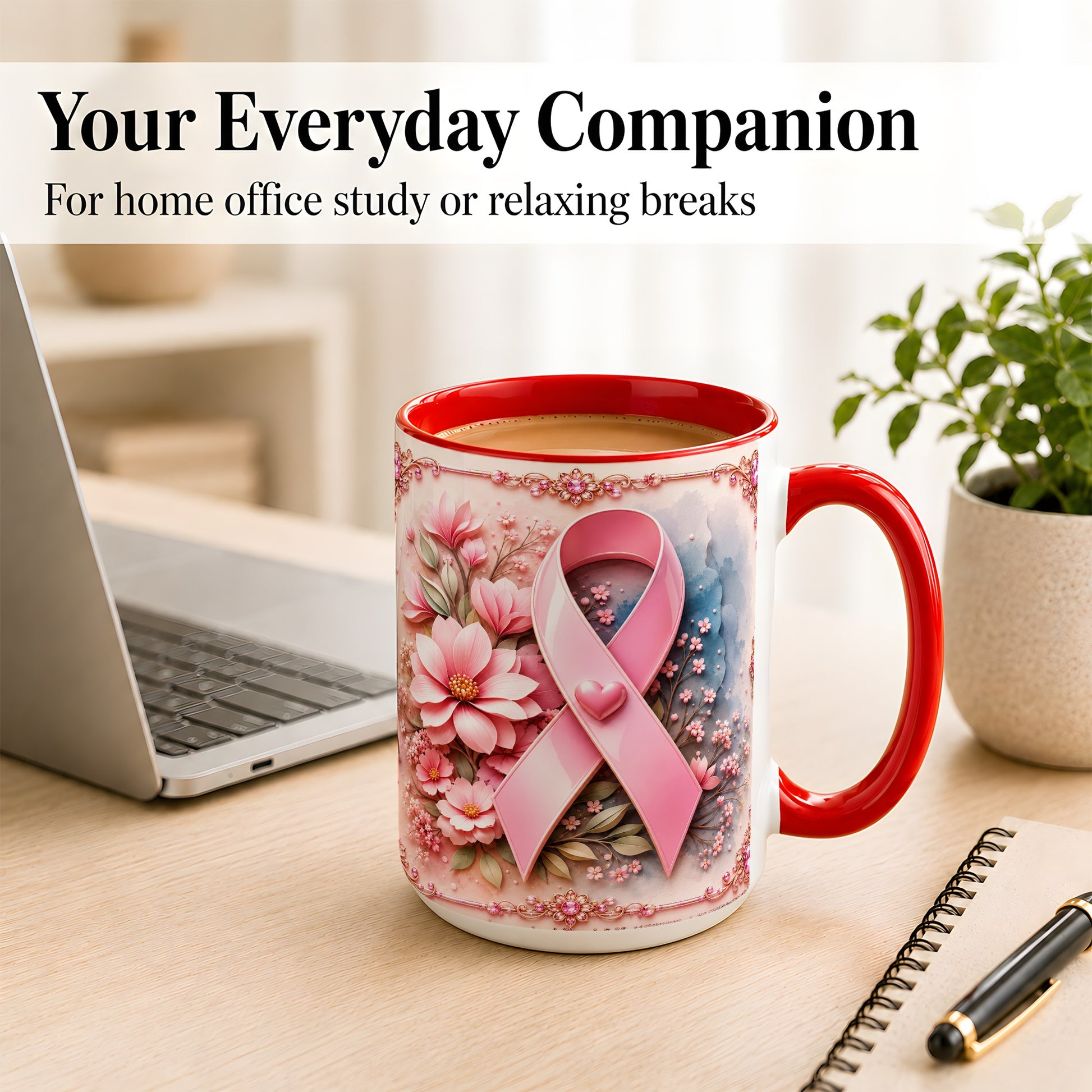 #pl[15oz|Red] Breast Cancer Awareness Coffee Mug, Pink Ribbon Mug, Ceramic Cup