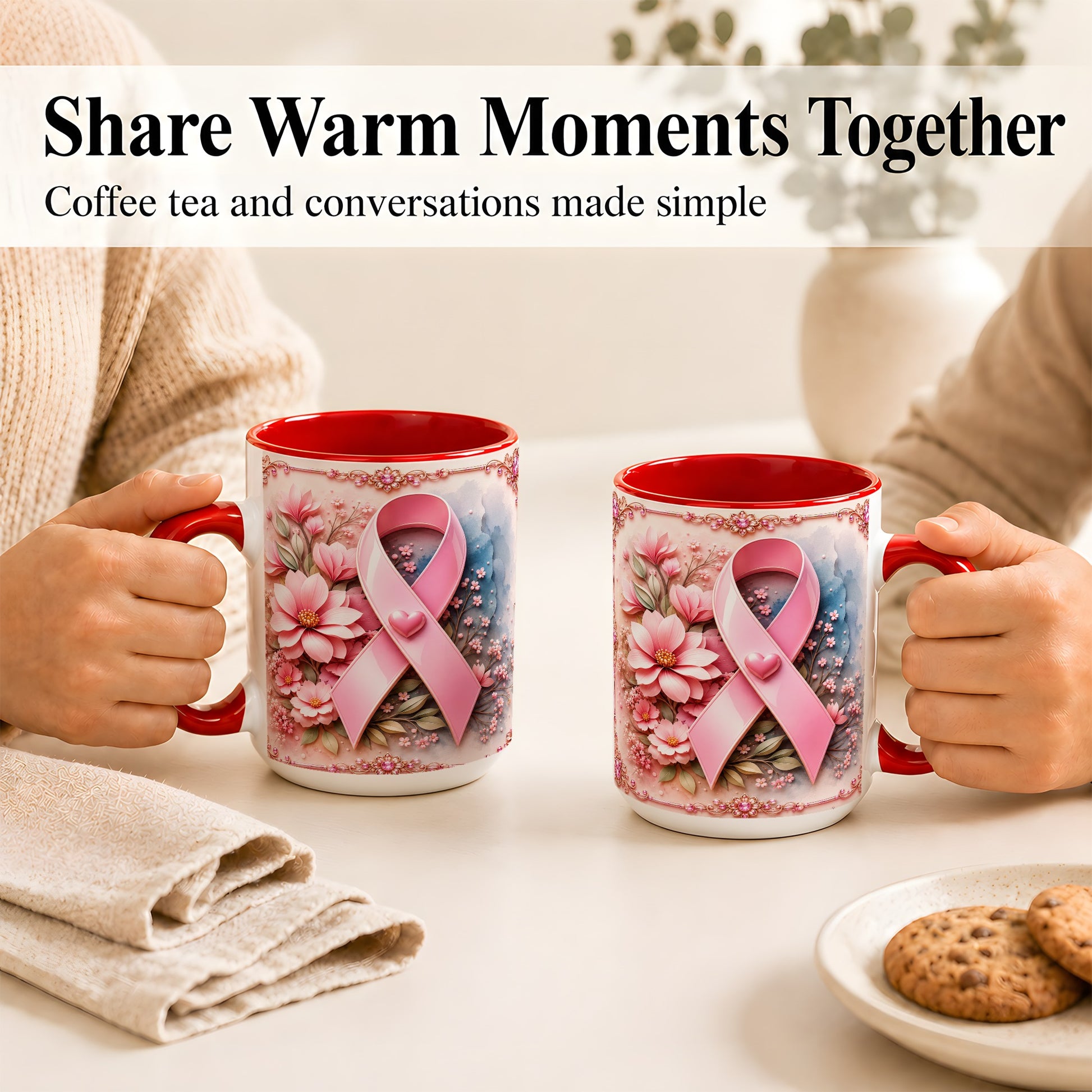 #pl[15oz|Red] Breast Cancer Awareness Coffee Mug, Pink Ribbon Mug, Ceramic Cup