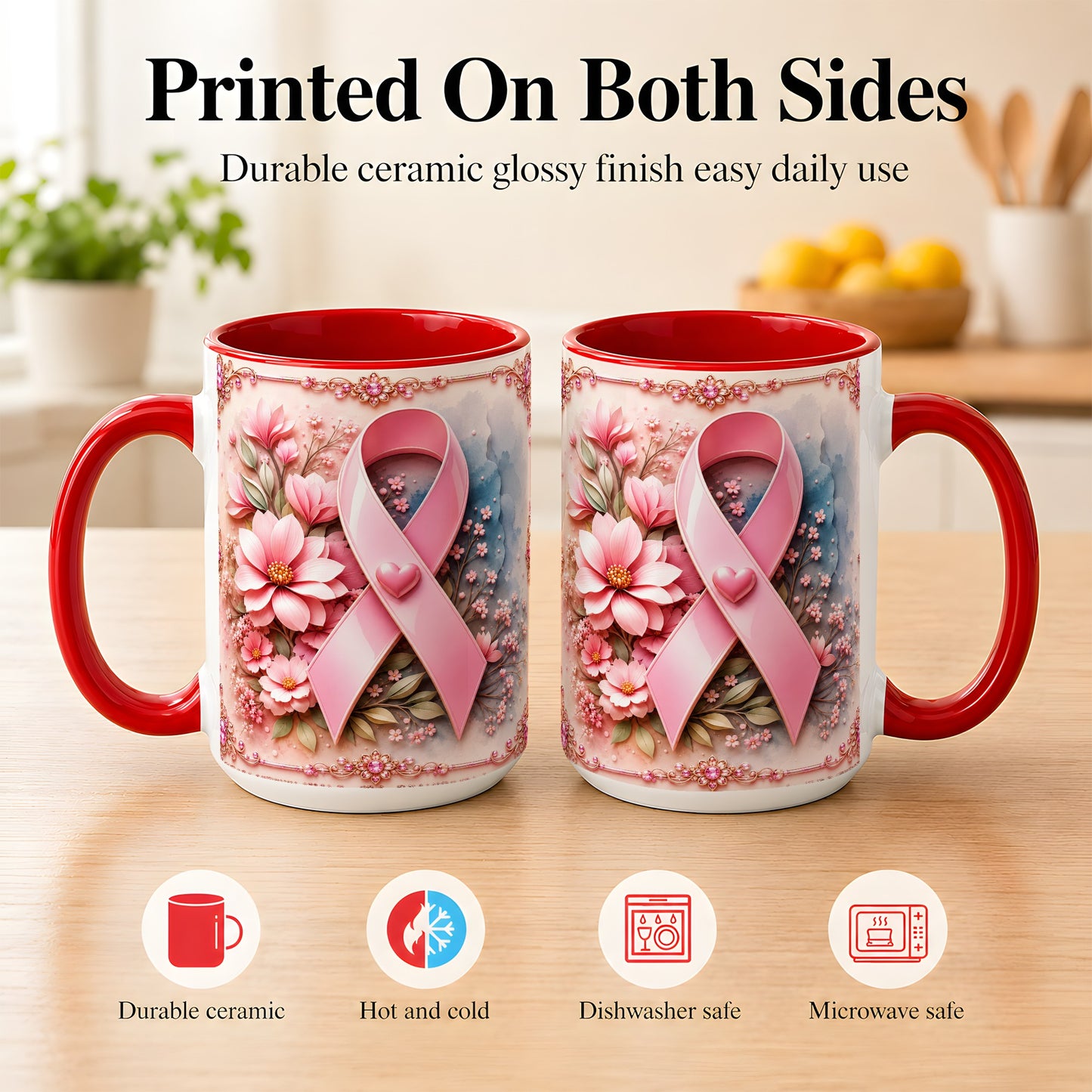 #pl[15oz|Red] Breast Cancer Awareness Coffee Mug, Pink Ribbon Mug, Ceramic Cup
