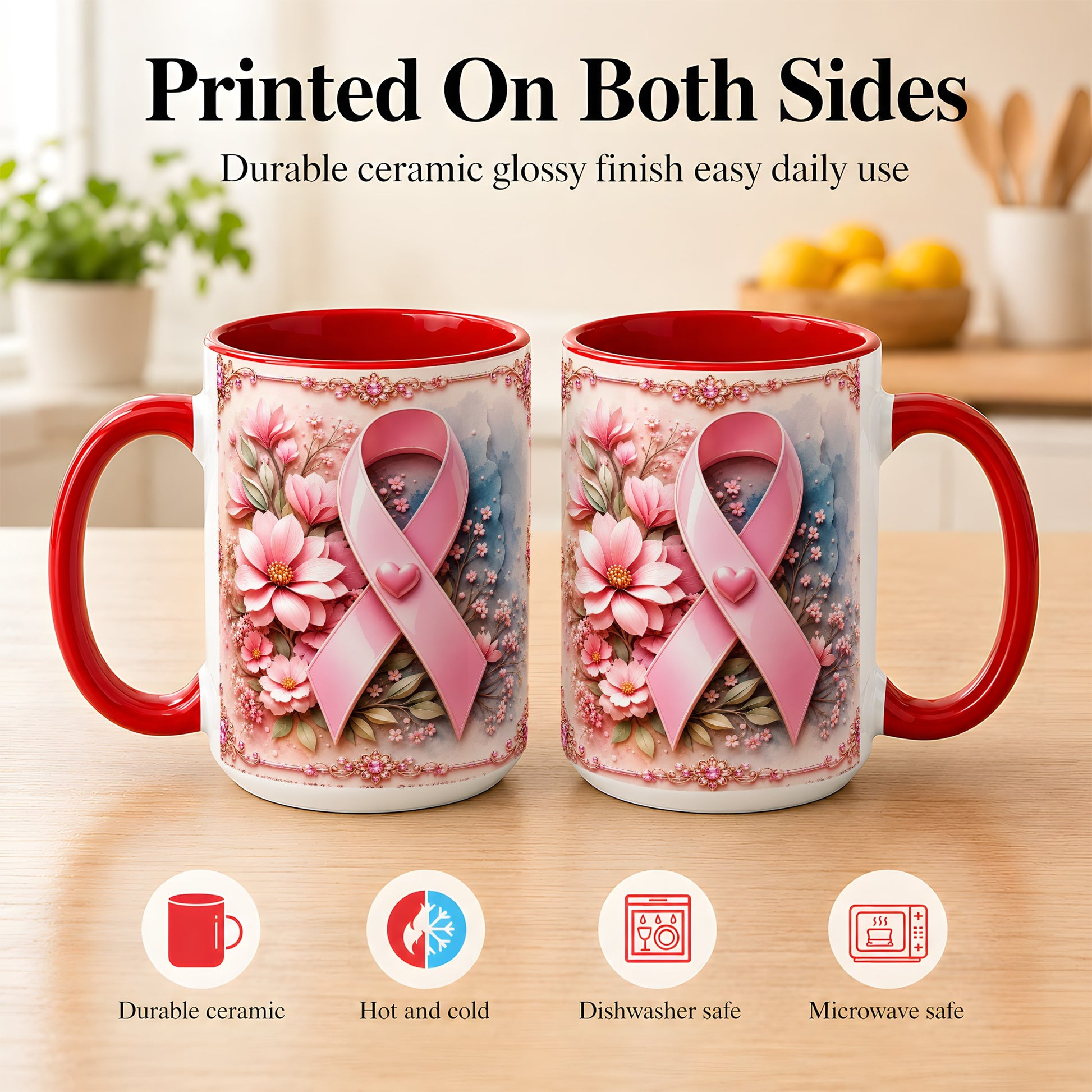 #pl[15oz|Red] Breast Cancer Awareness Coffee Mug, Pink Ribbon Mug, Ceramic Cup
