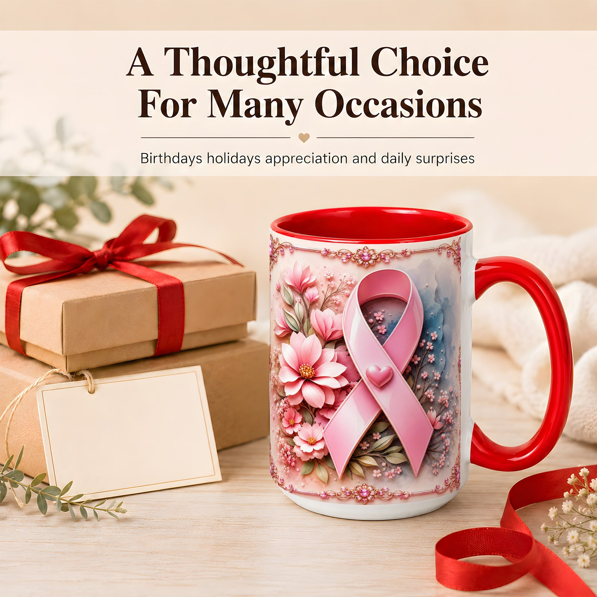 #pl[15oz|Red] Breast Cancer Awareness Coffee Mug, Pink Ribbon Mug, Ceramic Cup
