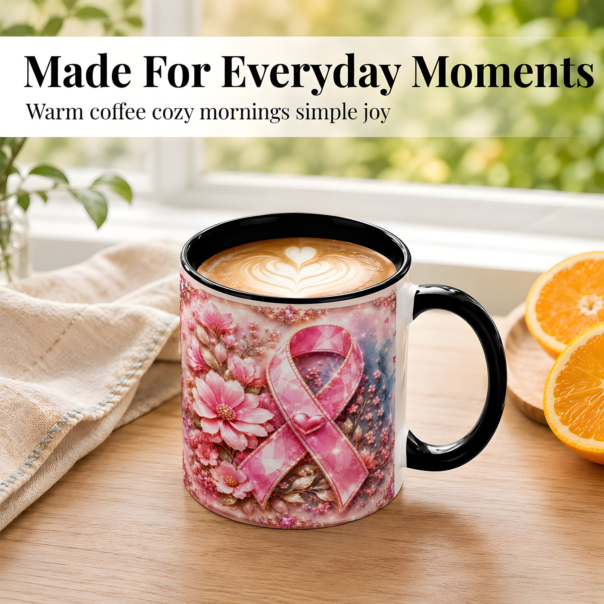 #pl[11oz|Black] Gemstone Pink Ribbon Coffee Mug, Floral Awareness Mug, Ceramic Cup
