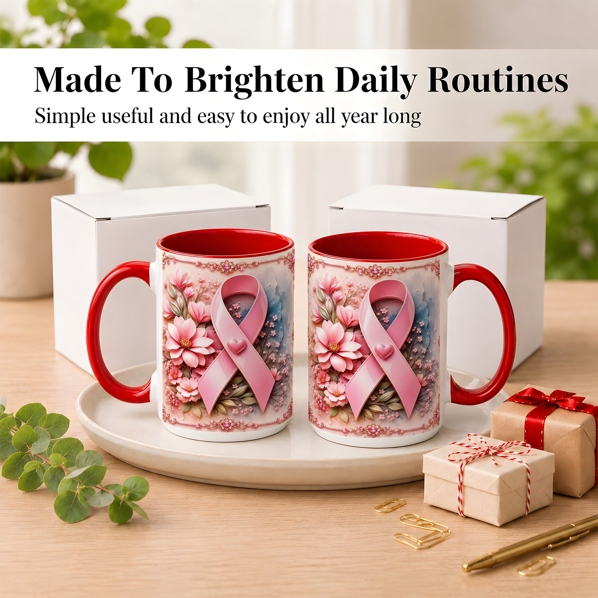 #pl[15oz|Red] Breast Cancer Awareness Coffee Mug, Pink Ribbon Mug, Ceramic Cup