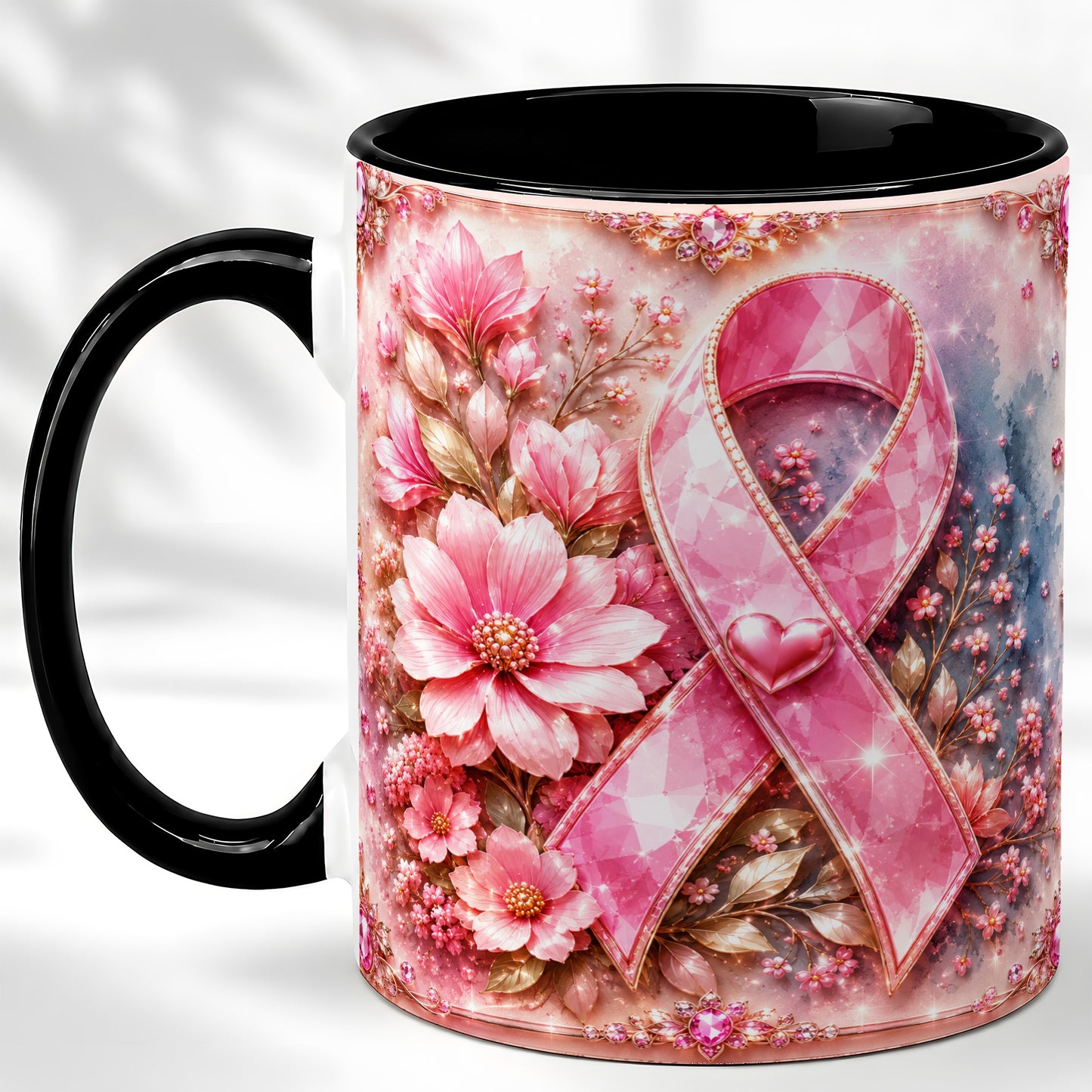 #pl[11oz|Black] Gemstone Pink Ribbon Coffee Mug, Floral Awareness Mug, Ceramic Cup