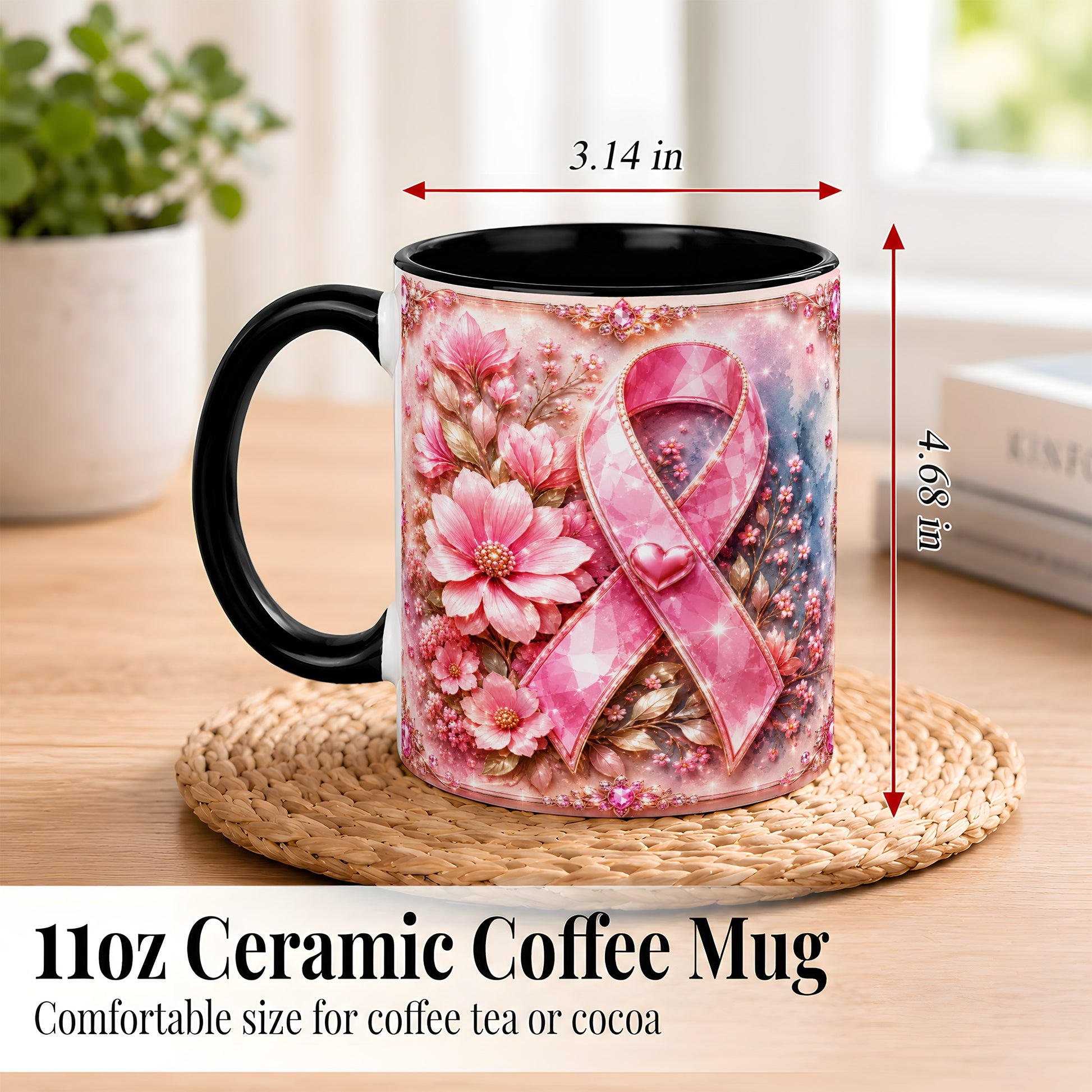 #pl[11oz|Black] Gemstone Pink Ribbon Coffee Mug, Floral Awareness Mug, Ceramic Cup