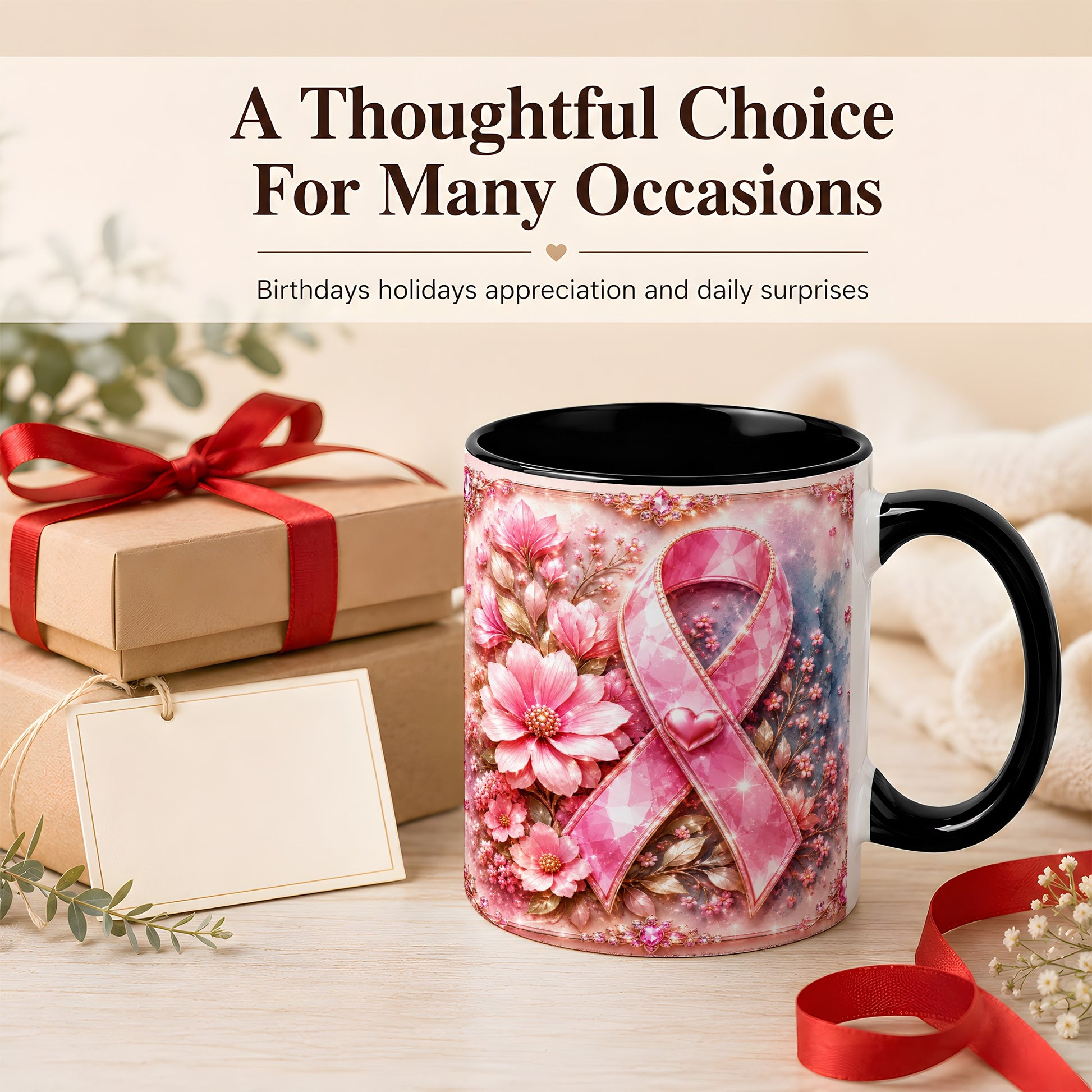 #pl[11oz|Black] Gemstone Pink Ribbon Coffee Mug, Floral Awareness Mug, Ceramic Cup
