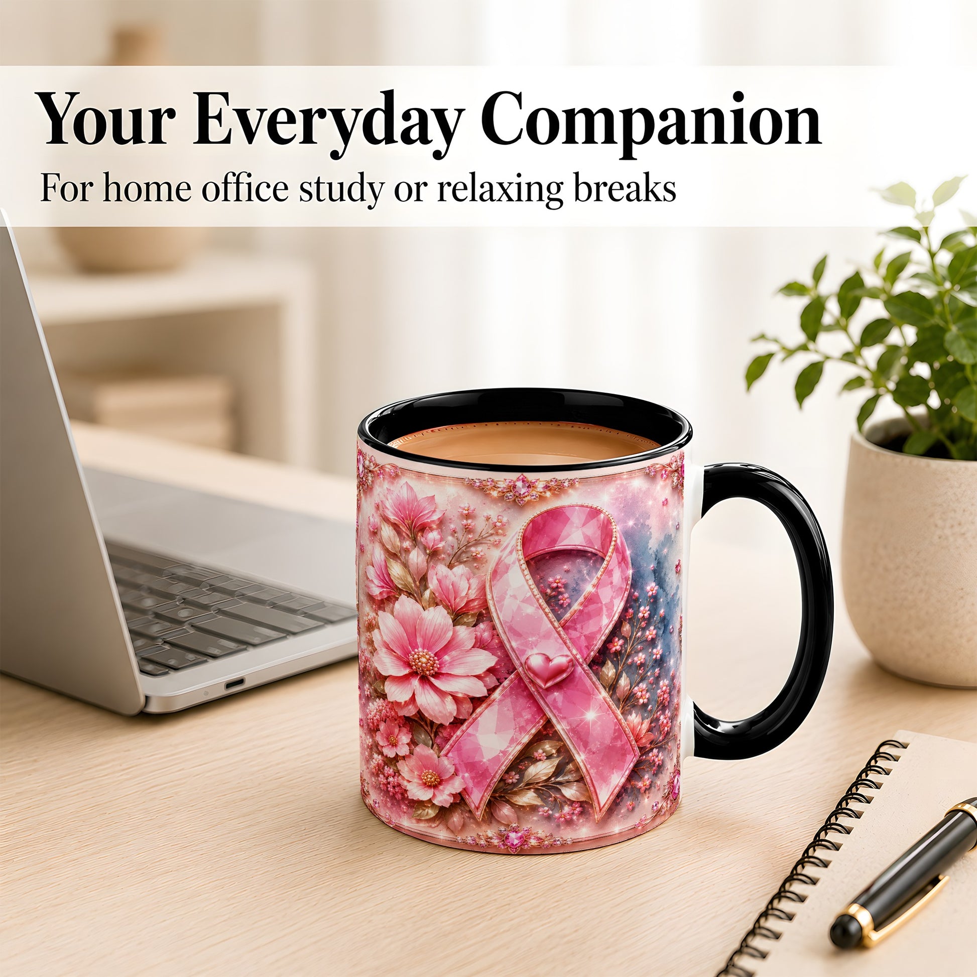 #pl[11oz|Black] Gemstone Pink Ribbon Coffee Mug, Floral Awareness Mug, Ceramic Cup