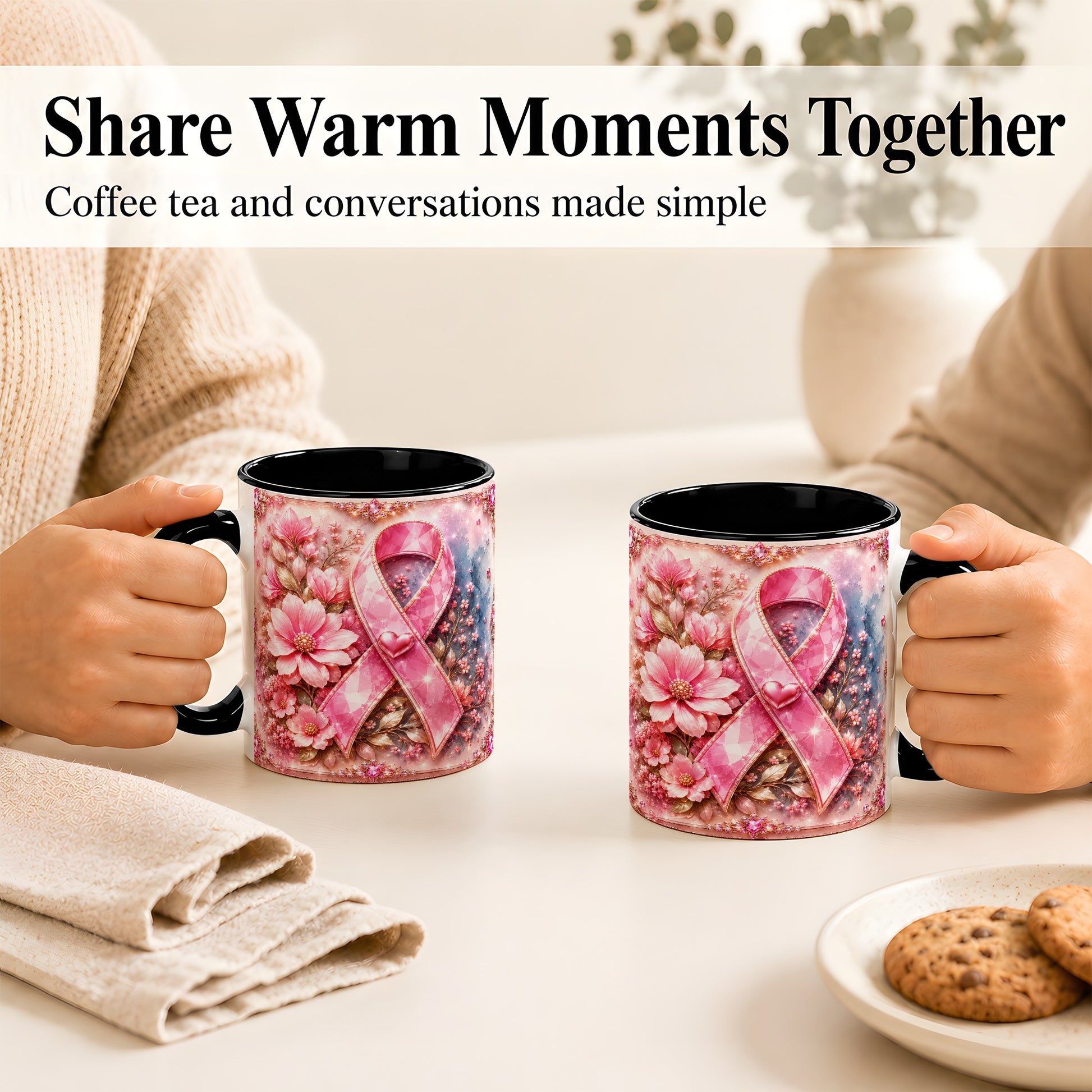 #pl[11oz|Black] Gemstone Pink Ribbon Coffee Mug, Floral Awareness Mug, Ceramic Cup