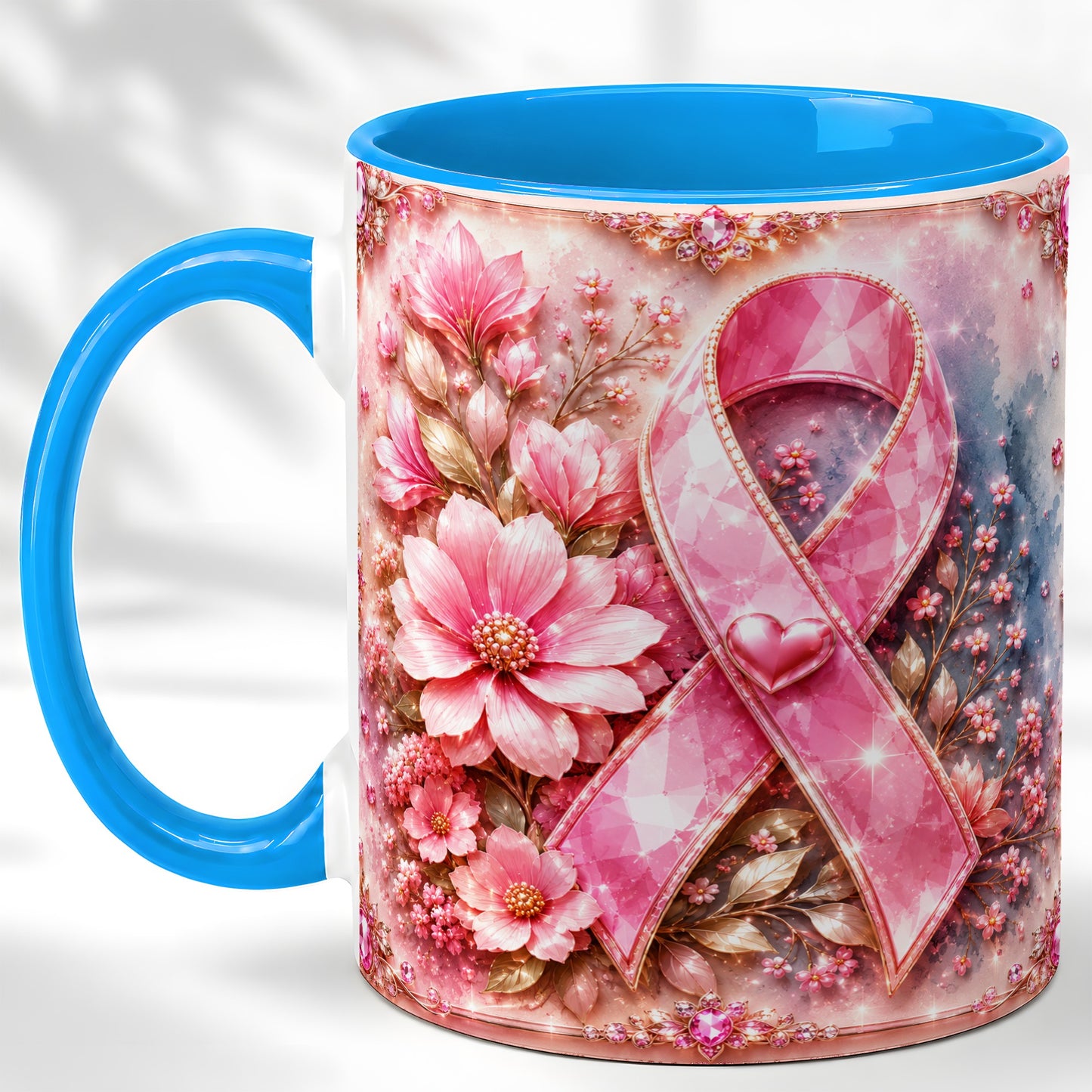 #pl[11oz|Blue] Gemstone Pink Ribbon Coffee Mug, Floral Awareness Mug, Ceramic Cup