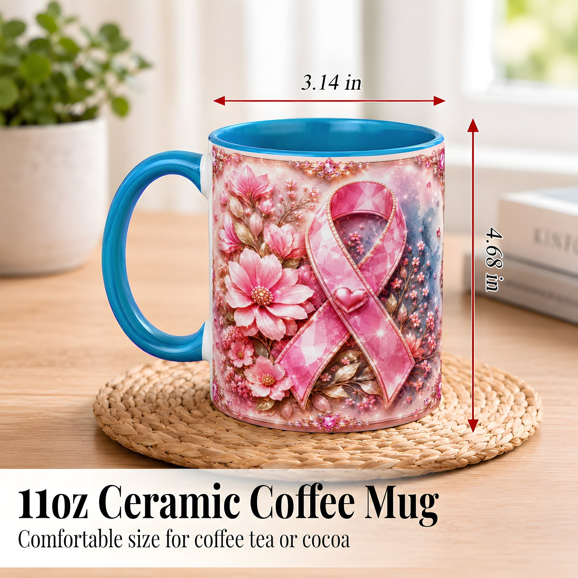 #pl[11oz|Blue] Gemstone Pink Ribbon Coffee Mug, Floral Awareness Mug, Ceramic Cup