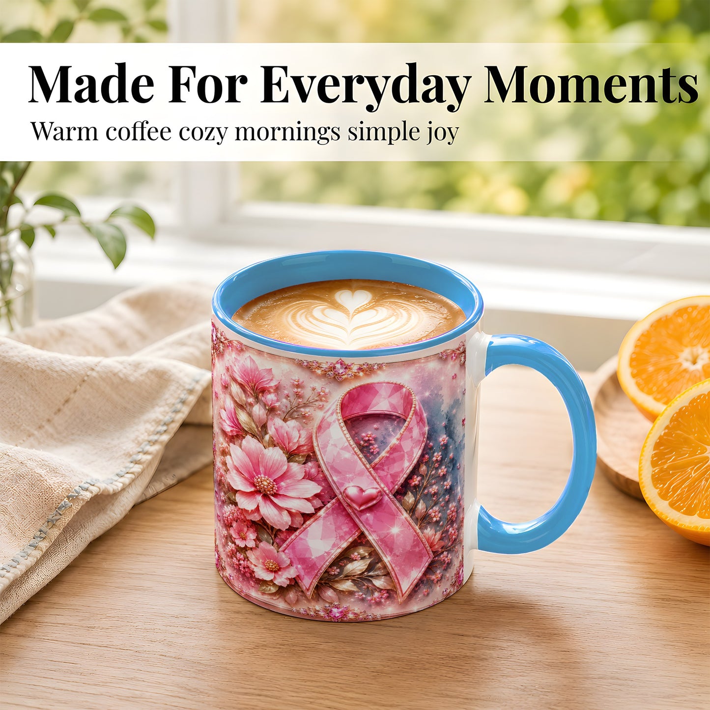 #pl[11oz|Blue] Gemstone Pink Ribbon Coffee Mug, Floral Awareness Mug, Ceramic Cup