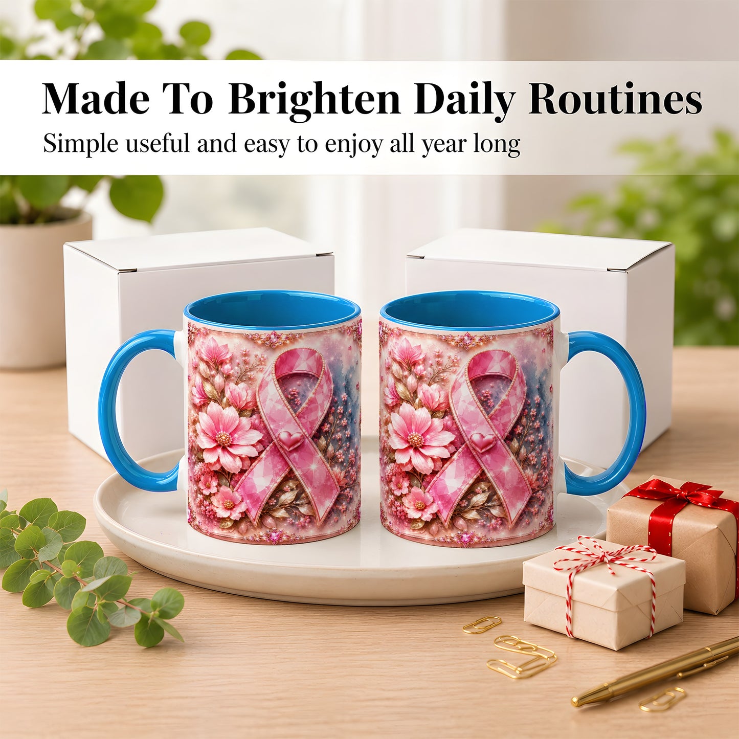 #pl[11oz|Blue] Gemstone Pink Ribbon Coffee Mug, Floral Awareness Mug, Ceramic Cup