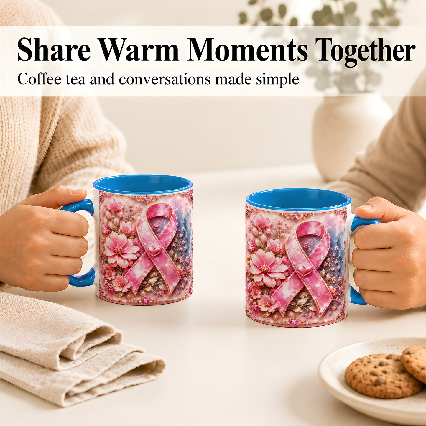 #pl[11oz|Blue] Gemstone Pink Ribbon Coffee Mug, Floral Awareness Mug, Ceramic Cup