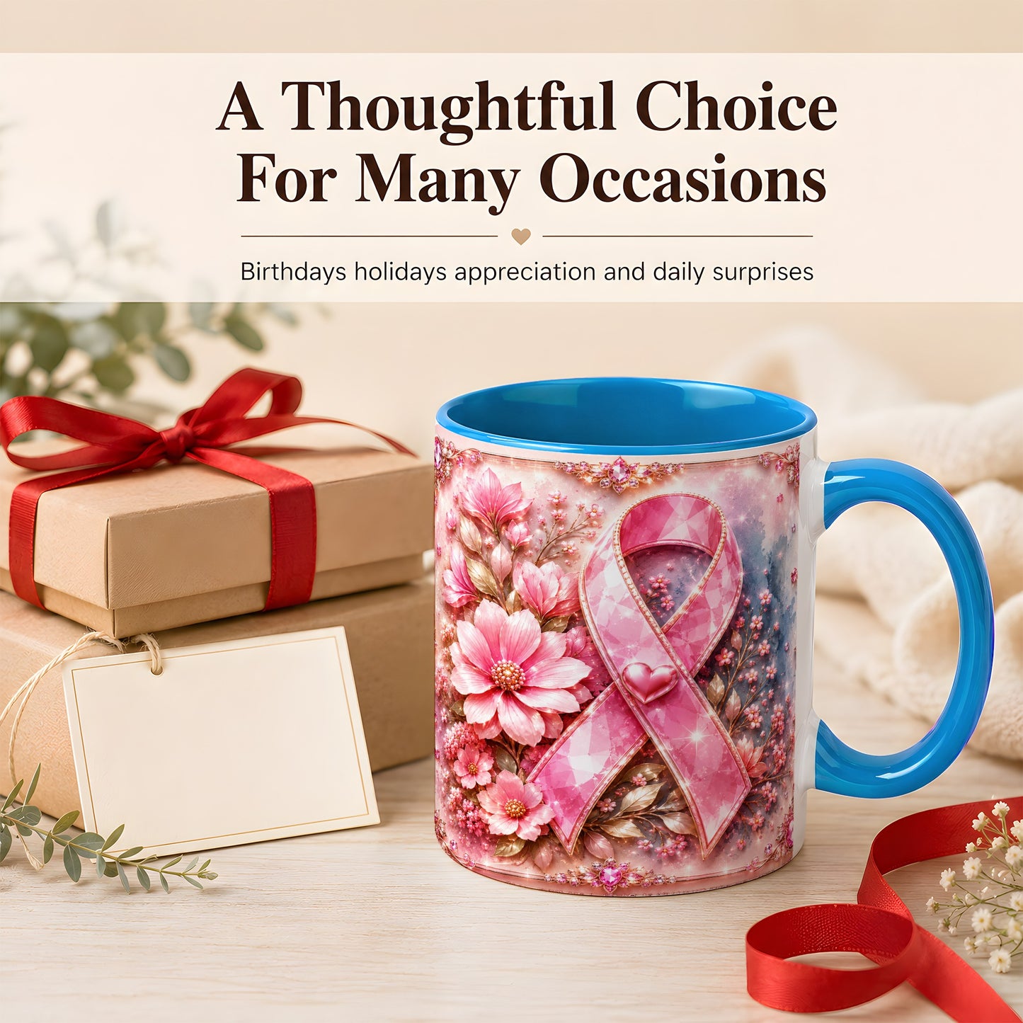 #pl[11oz|Blue] Gemstone Pink Ribbon Coffee Mug, Floral Awareness Mug, Ceramic Cup