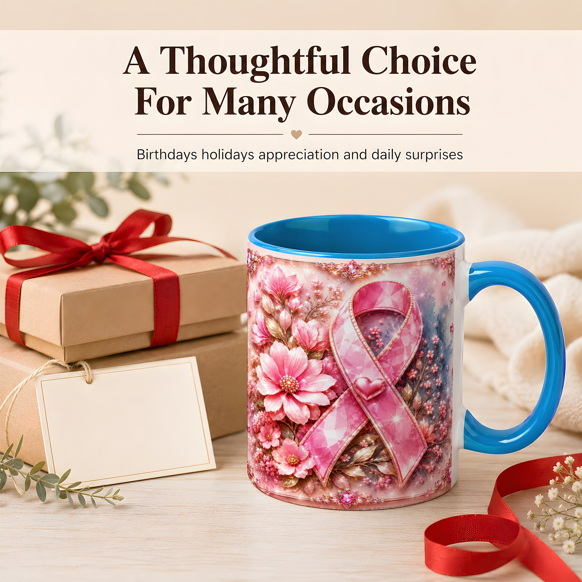 #pl[11oz|Blue] Gemstone Pink Ribbon Coffee Mug, Floral Awareness Mug, Ceramic Cup