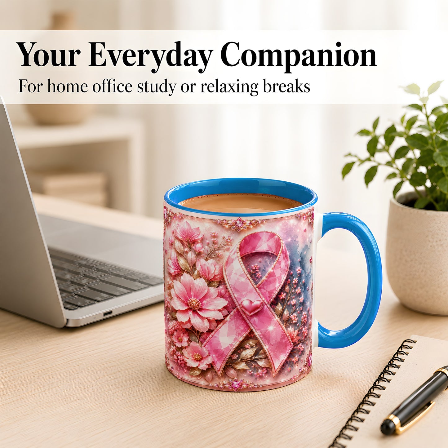 #pl[11oz|Blue] Gemstone Pink Ribbon Coffee Mug, Floral Awareness Mug, Ceramic Cup