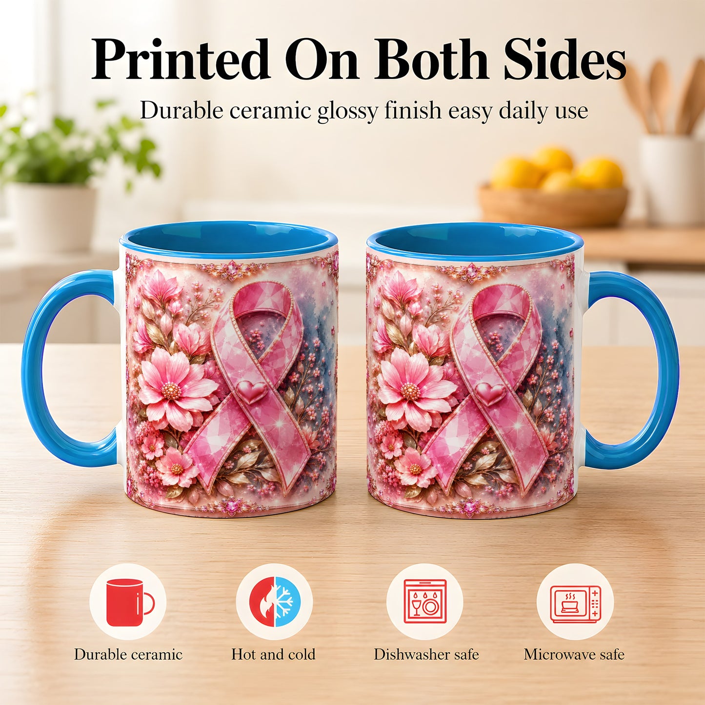 #pl[11oz|Blue] Gemstone Pink Ribbon Coffee Mug, Floral Awareness Mug, Ceramic Cup