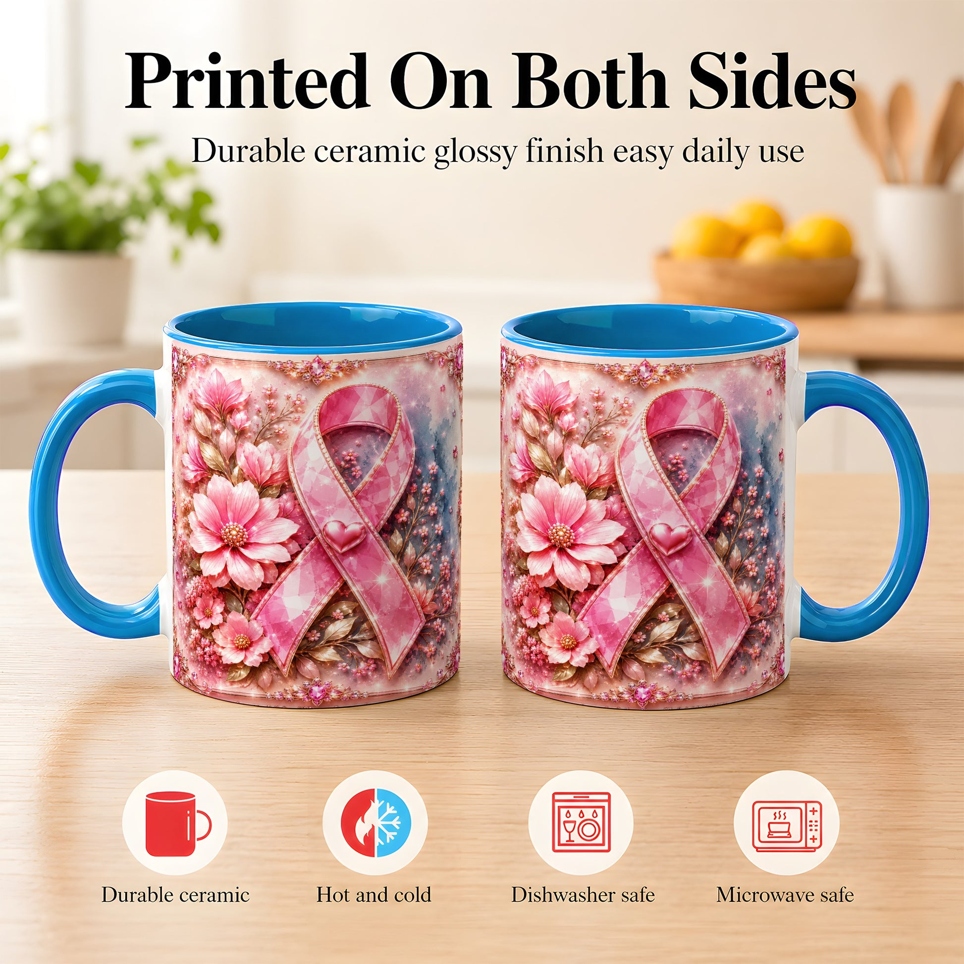 #pl[11oz|Blue] Gemstone Pink Ribbon Coffee Mug, Floral Awareness Mug, Ceramic Cup