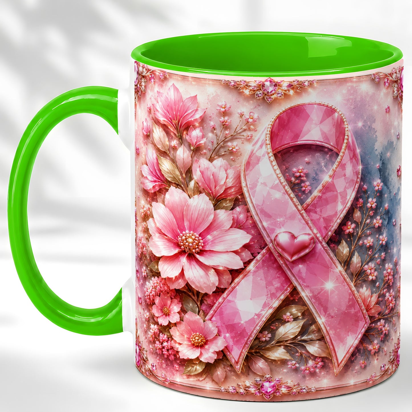 #pl[11oz|Green] Gemstone Pink Ribbon Coffee Mug, Floral Awareness Mug, Ceramic Cup