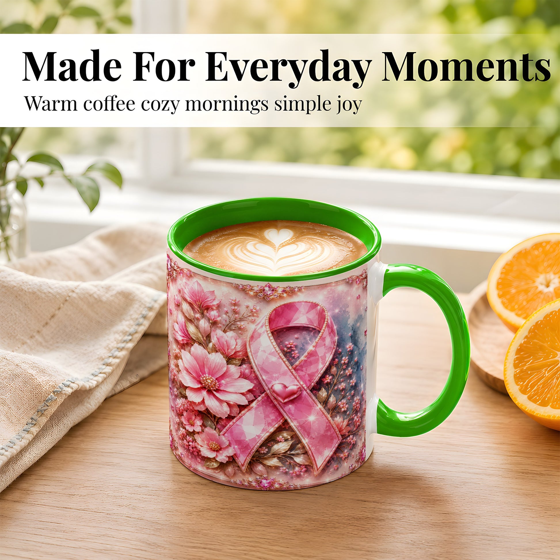 #pl[11oz|Green] Gemstone Pink Ribbon Coffee Mug, Floral Awareness Mug, Ceramic Cup