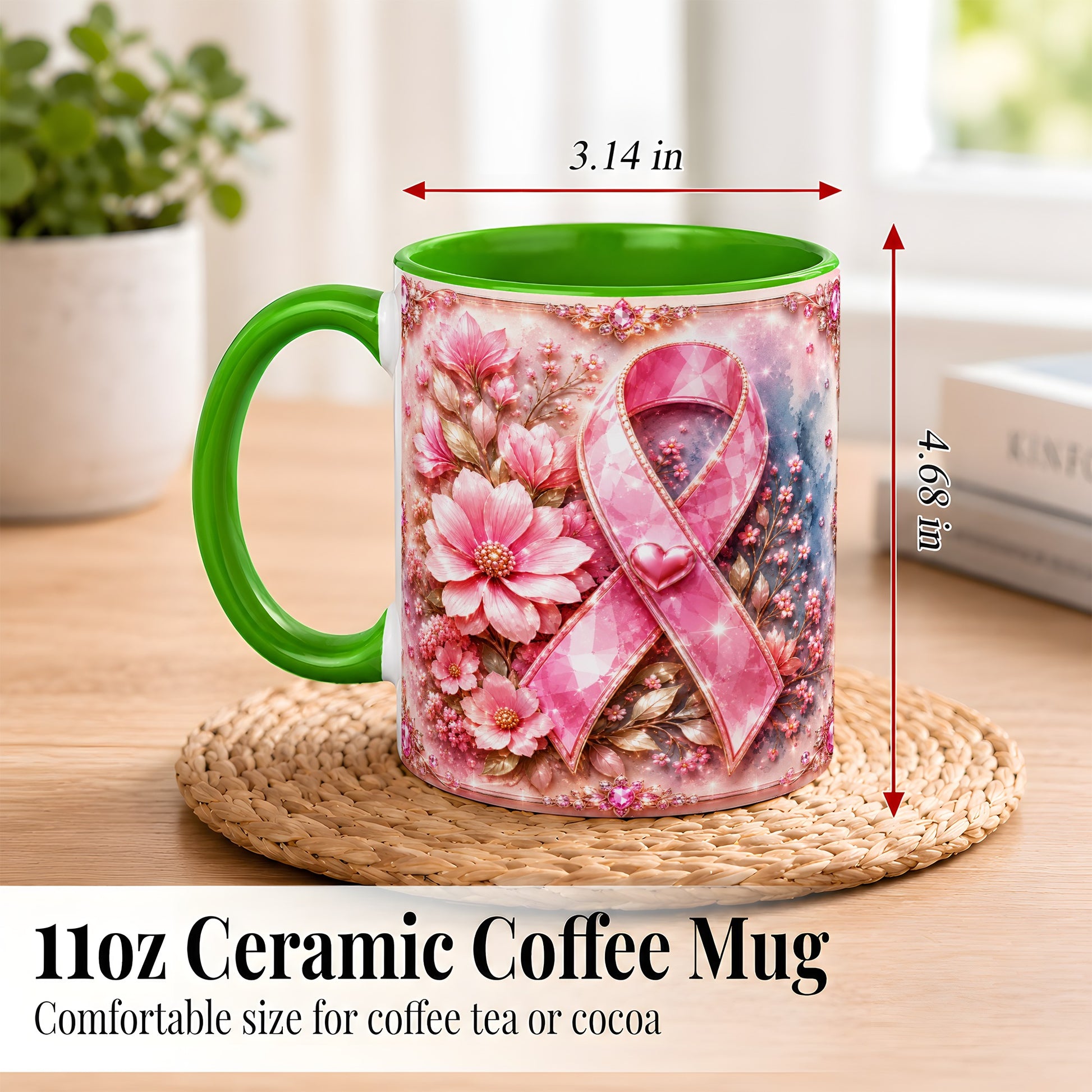 #pl[11oz|Green] Gemstone Pink Ribbon Coffee Mug, Floral Awareness Mug, Ceramic Cup