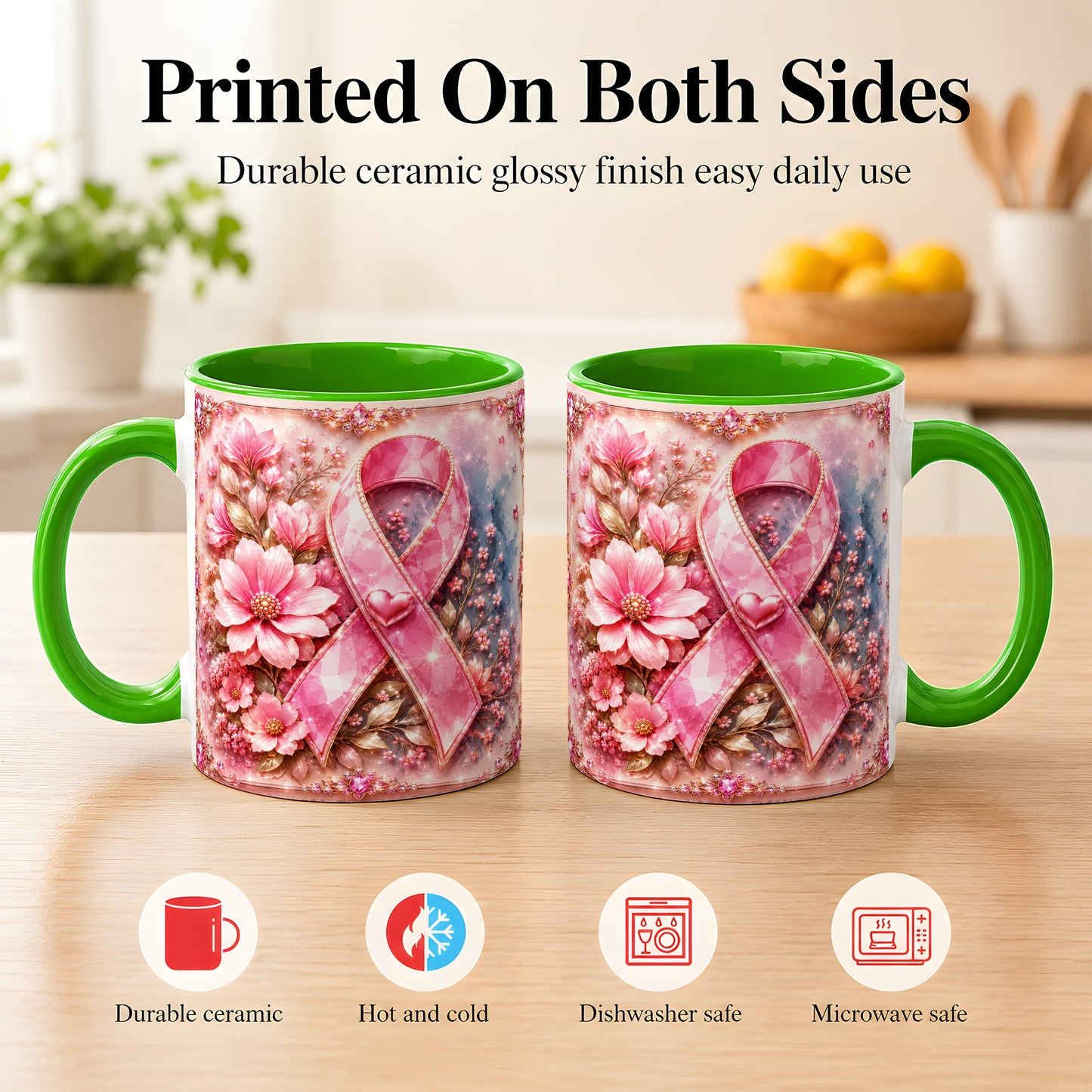 #pl[11oz|Green] Gemstone Pink Ribbon Coffee Mug, Floral Awareness Mug, Ceramic Cup