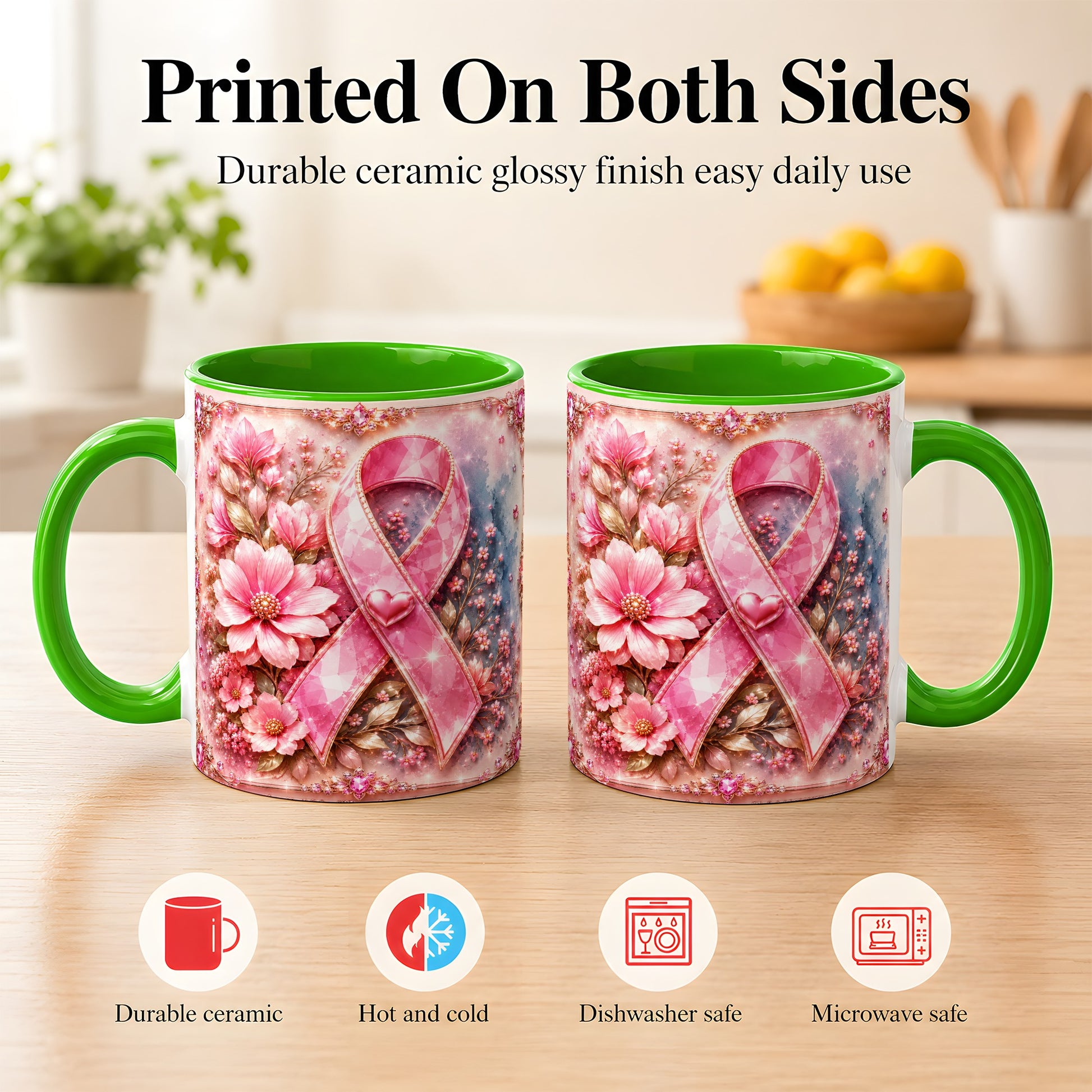 #pl[11oz|Green] Gemstone Pink Ribbon Coffee Mug, Floral Awareness Mug, Ceramic Cup