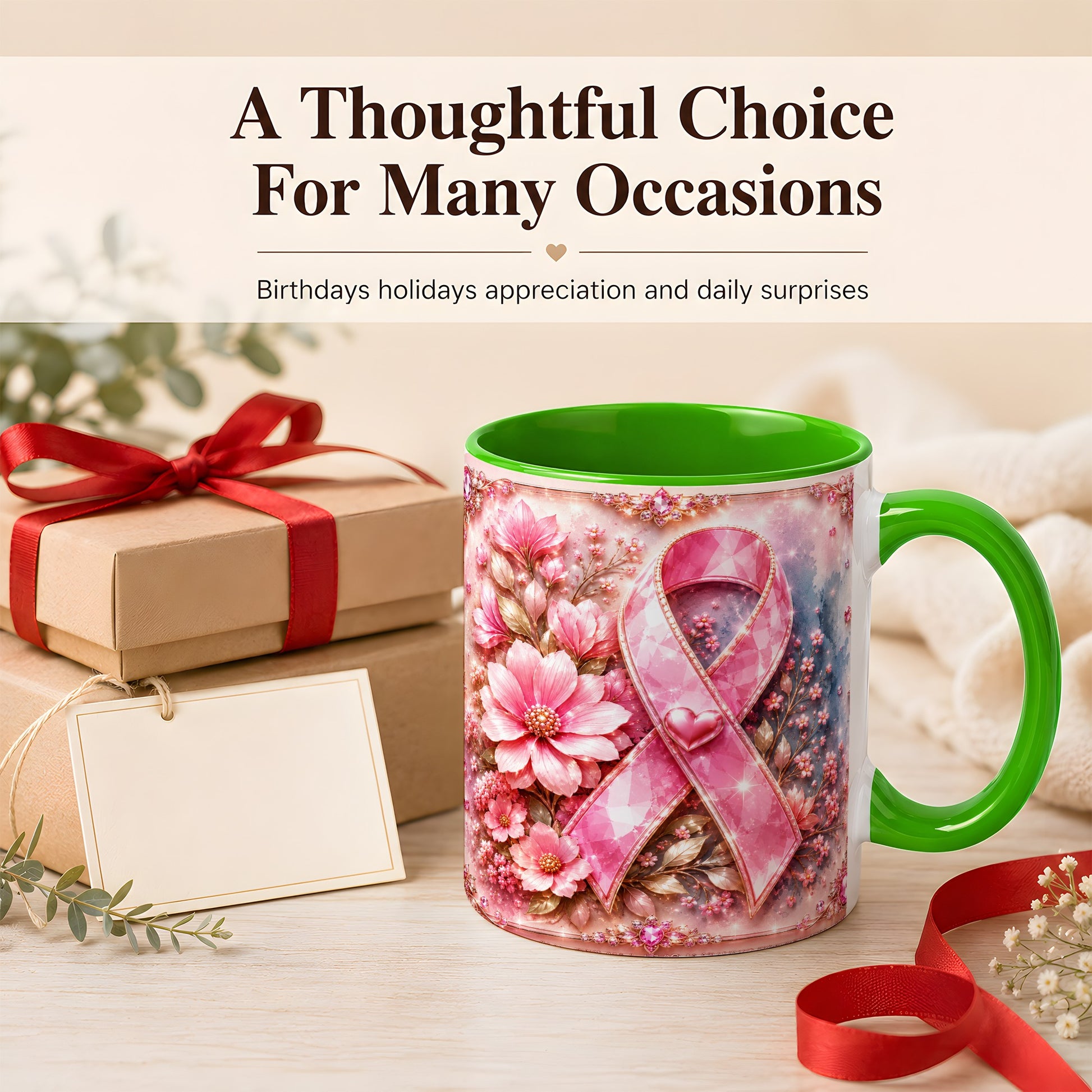 #pl[11oz|Green] Gemstone Pink Ribbon Coffee Mug, Floral Awareness Mug, Ceramic Cup
