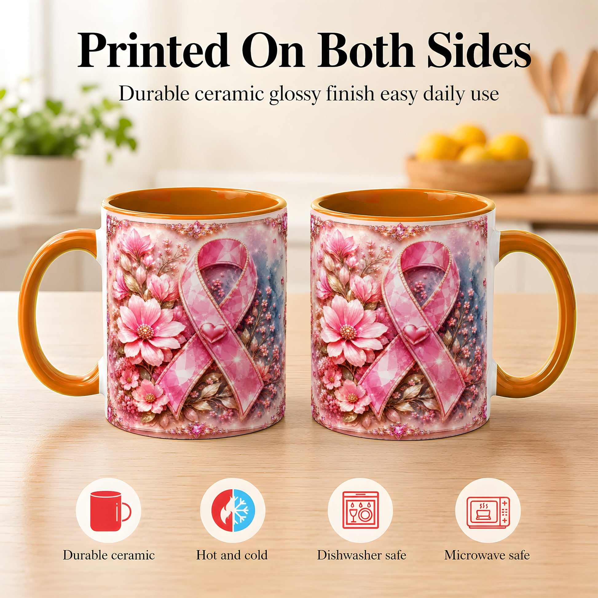 #pl[11oz|Orange] Gemstone Pink Ribbon Coffee Mug, Floral Awareness Mug, Ceramic Cup