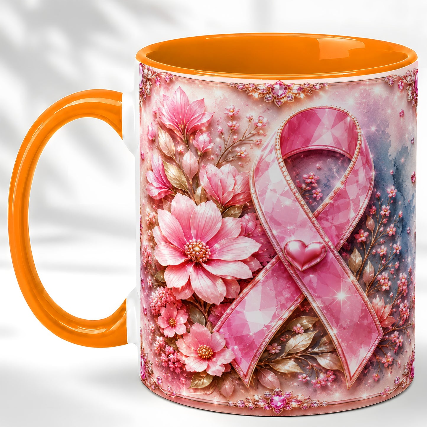 #pl[11oz|Orange] Gemstone Pink Ribbon Coffee Mug, Floral Awareness Mug, Ceramic Cup