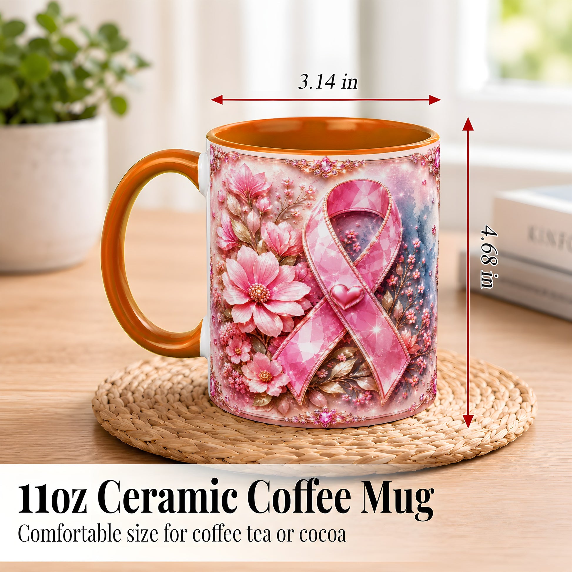 #pl[11oz|Orange] Gemstone Pink Ribbon Coffee Mug, Floral Awareness Mug, Ceramic Cup