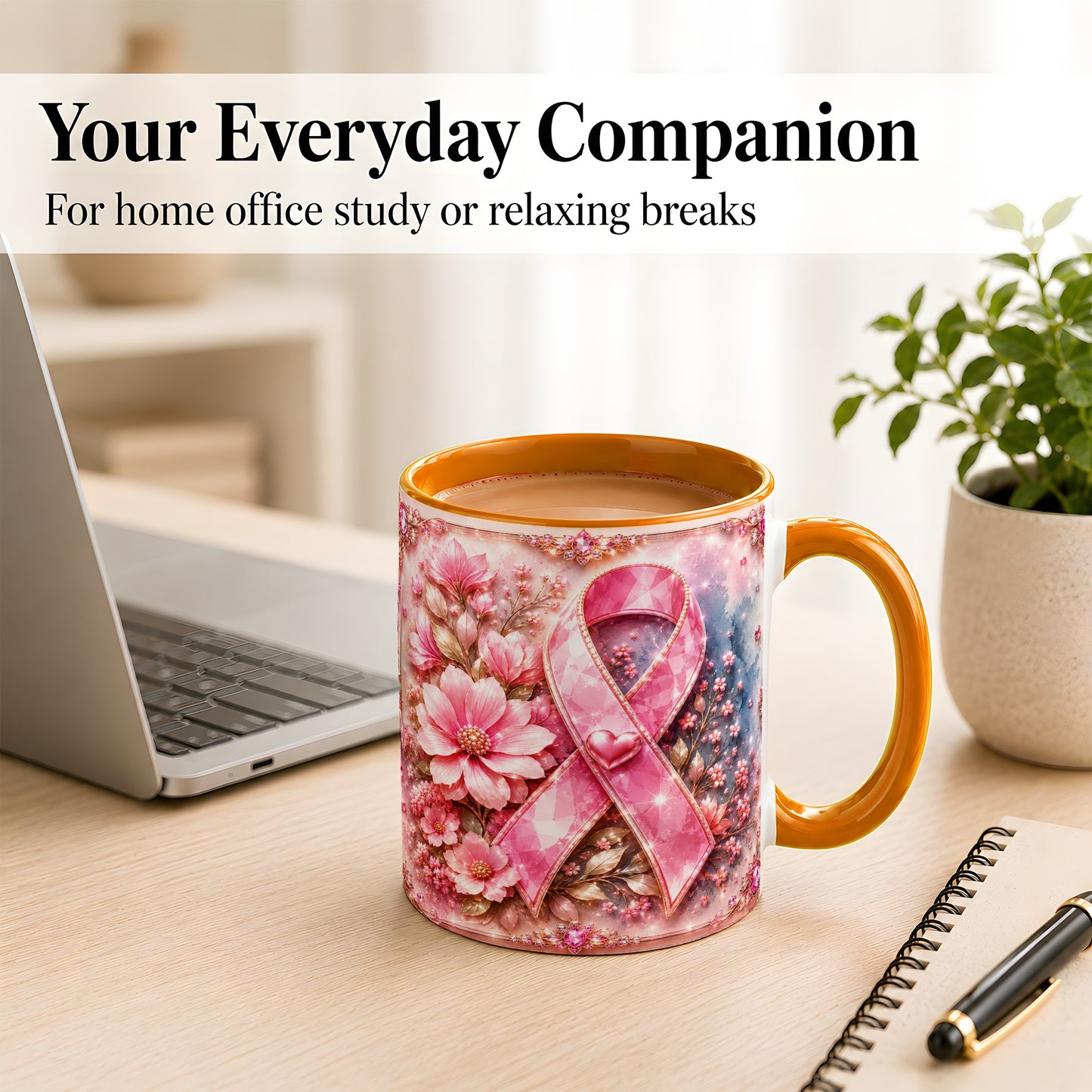 #pl[11oz|Orange] Gemstone Pink Ribbon Coffee Mug, Floral Awareness Mug, Ceramic Cup