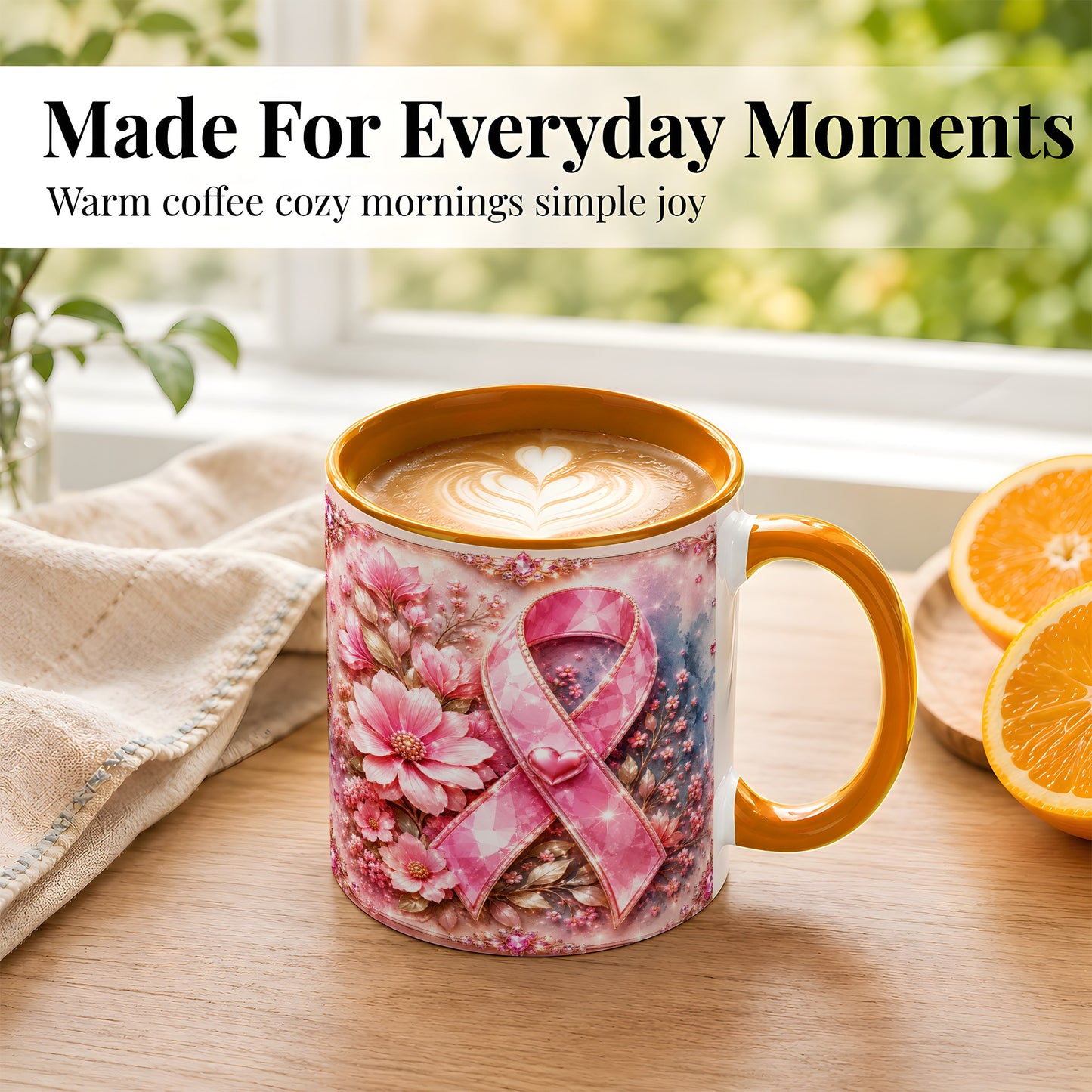 #pl[11oz|Orange] Gemstone Pink Ribbon Coffee Mug, Floral Awareness Mug, Ceramic Cup