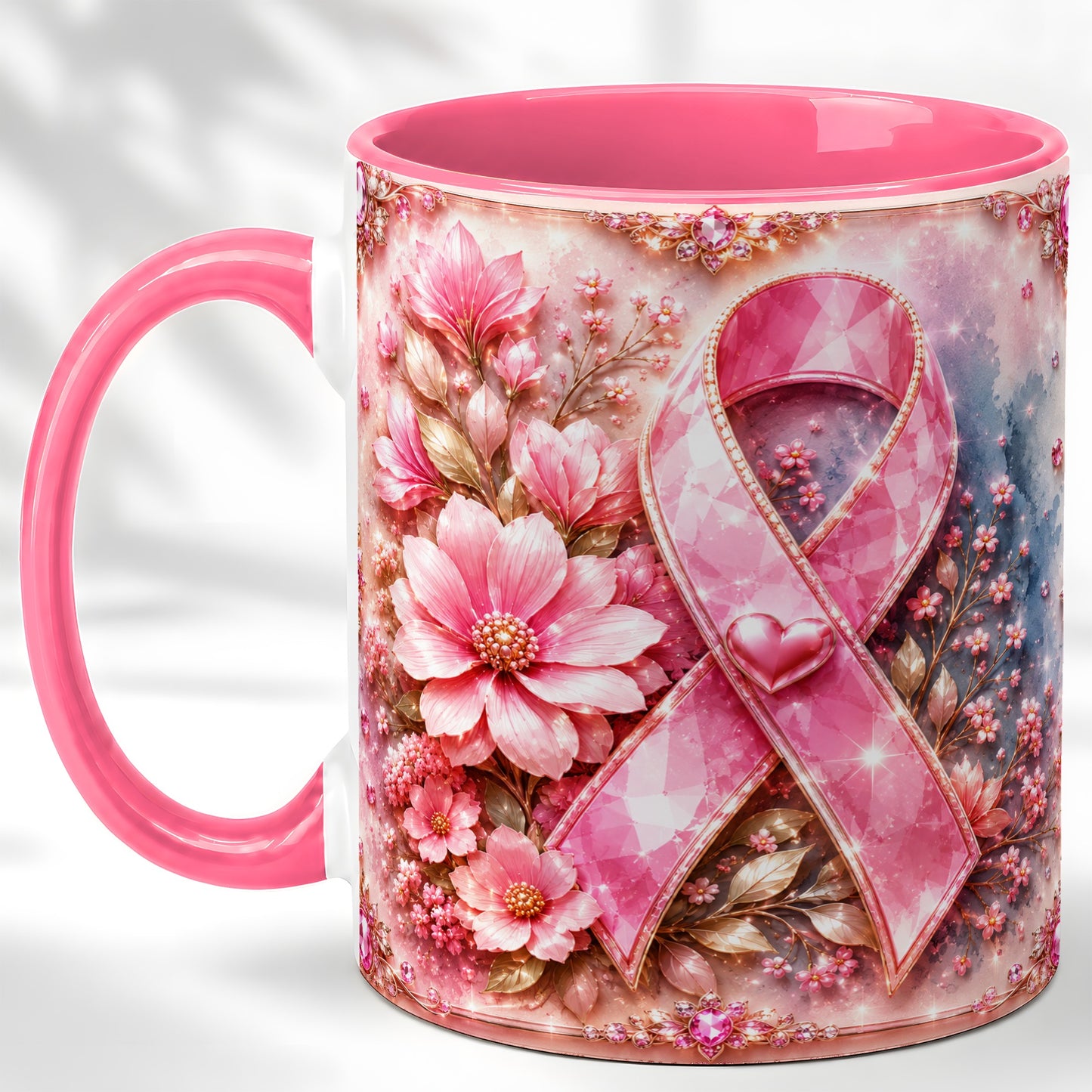 #pl[11oz|Pink] Gemstone Pink Ribbon Coffee Mug, Floral Awareness Mug, Ceramic Cup