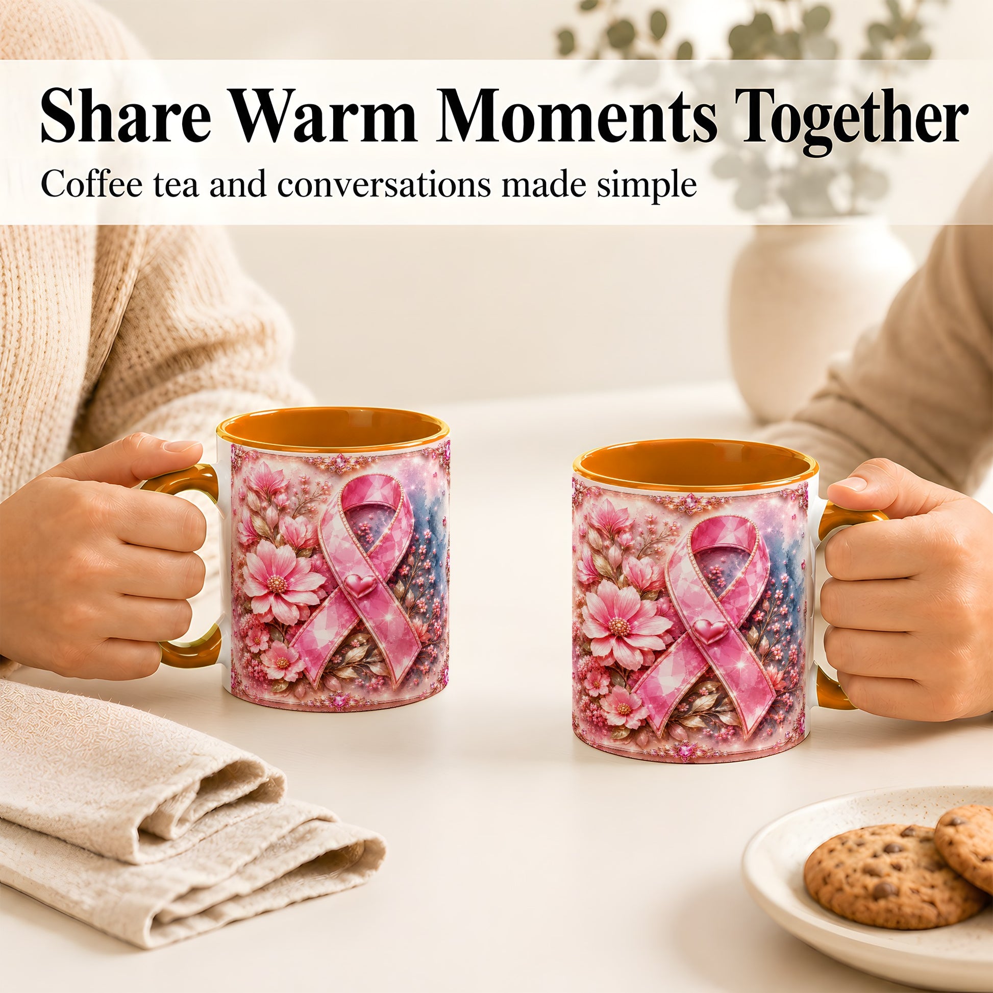 #pl[11oz|Orange] Gemstone Pink Ribbon Coffee Mug, Floral Awareness Mug, Ceramic Cup