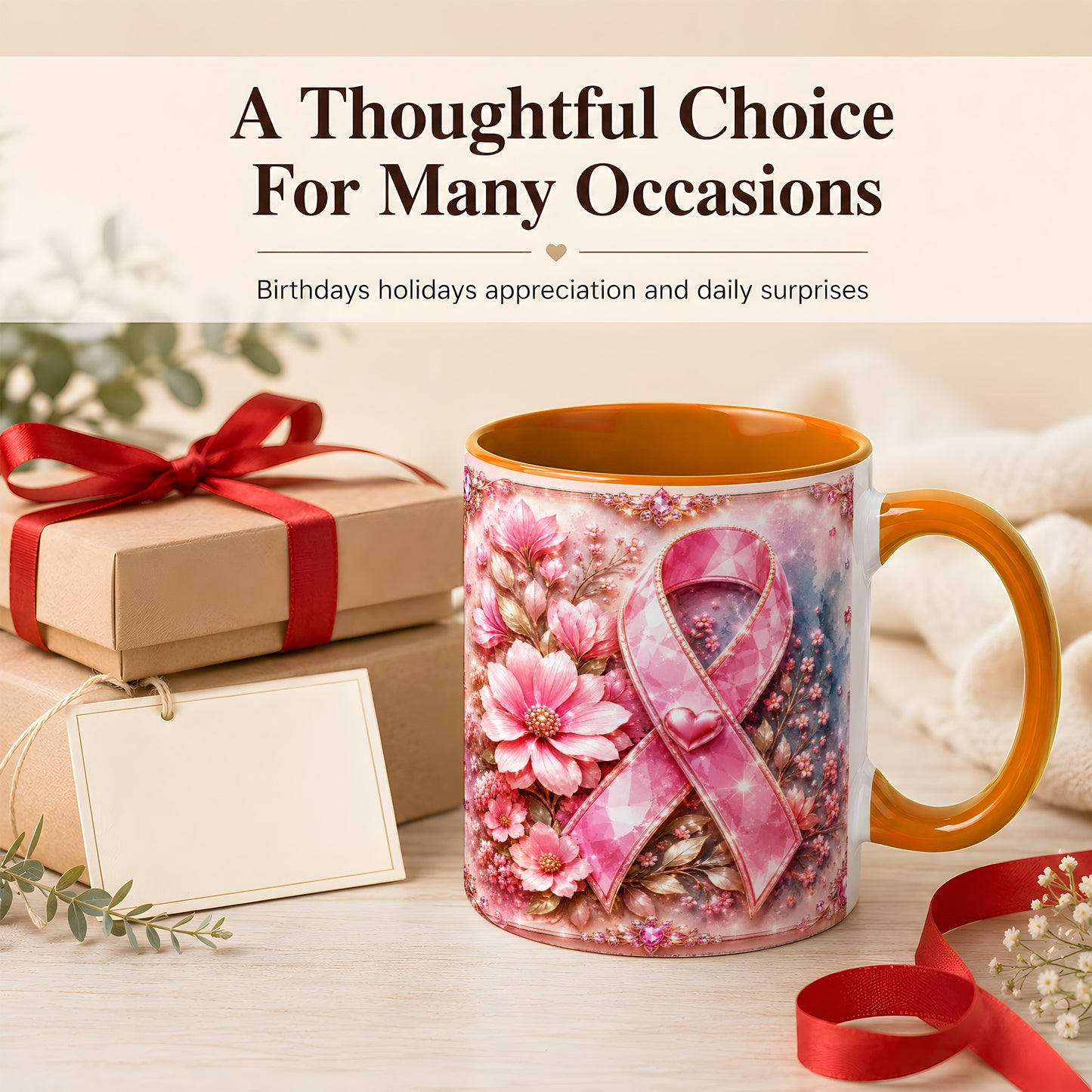 #pl[11oz|Orange] Gemstone Pink Ribbon Coffee Mug, Floral Awareness Mug, Ceramic Cup