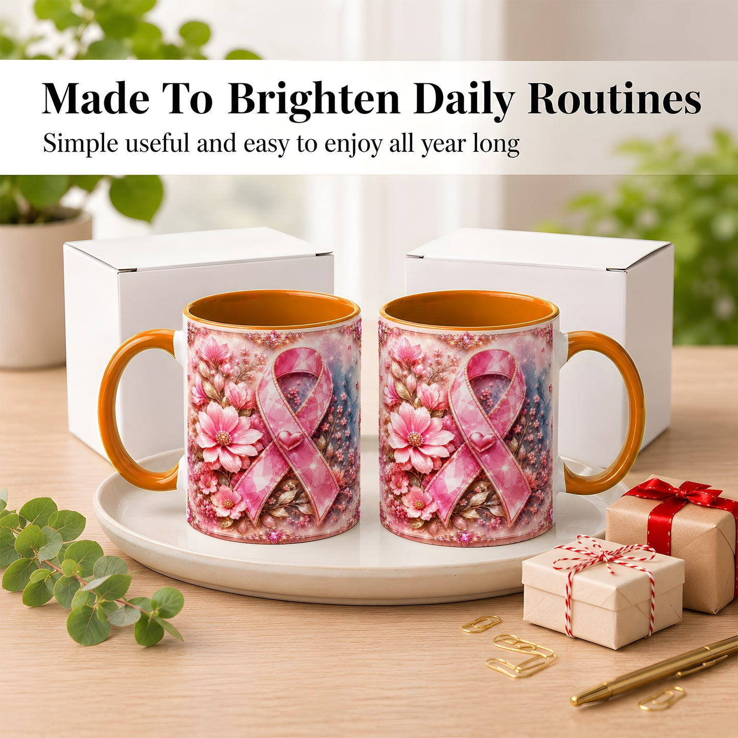 #pl[11oz|Orange] Gemstone Pink Ribbon Coffee Mug, Floral Awareness Mug, Ceramic Cup