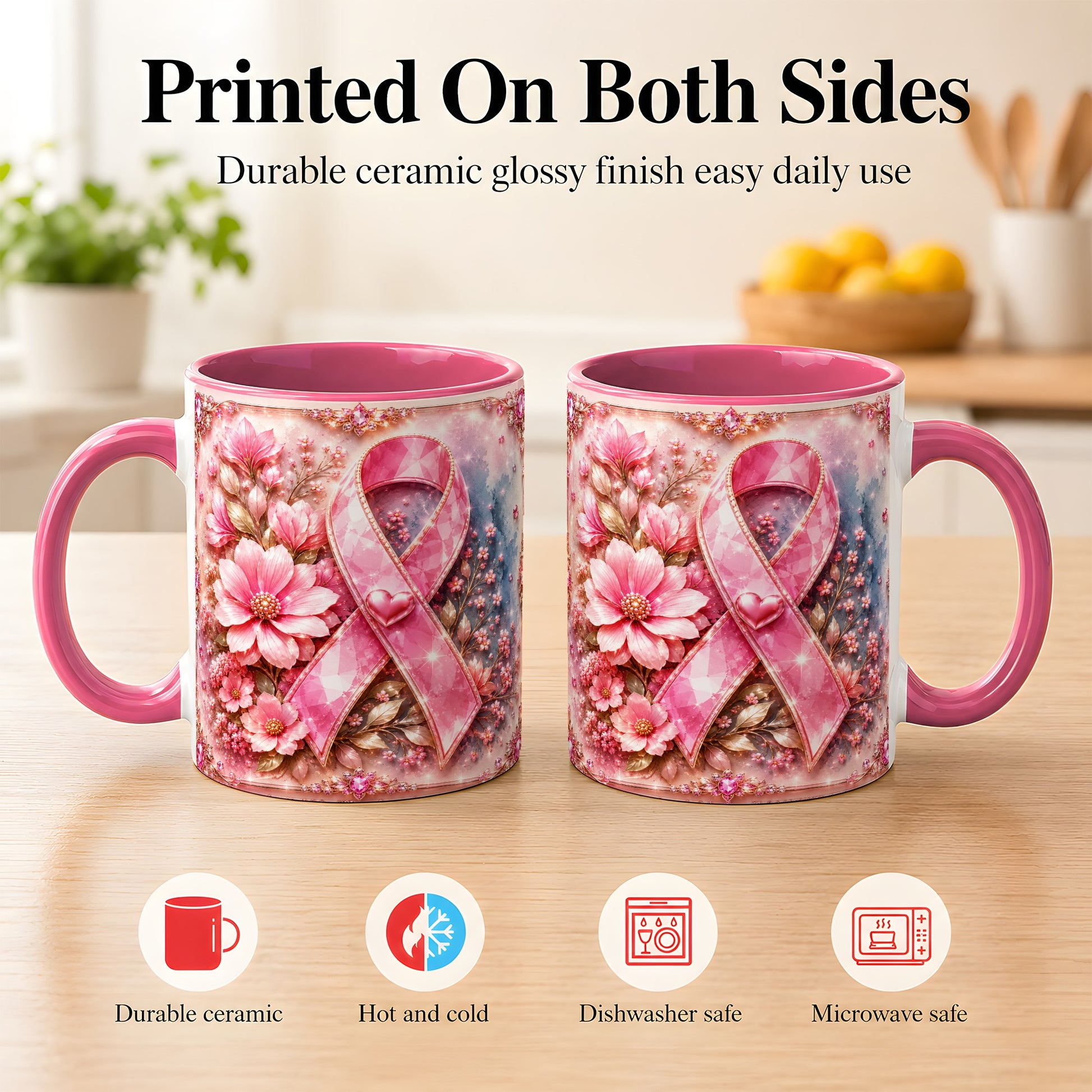 #pl[11oz|Pink] Gemstone Pink Ribbon Coffee Mug, Floral Awareness Mug, Ceramic Cup