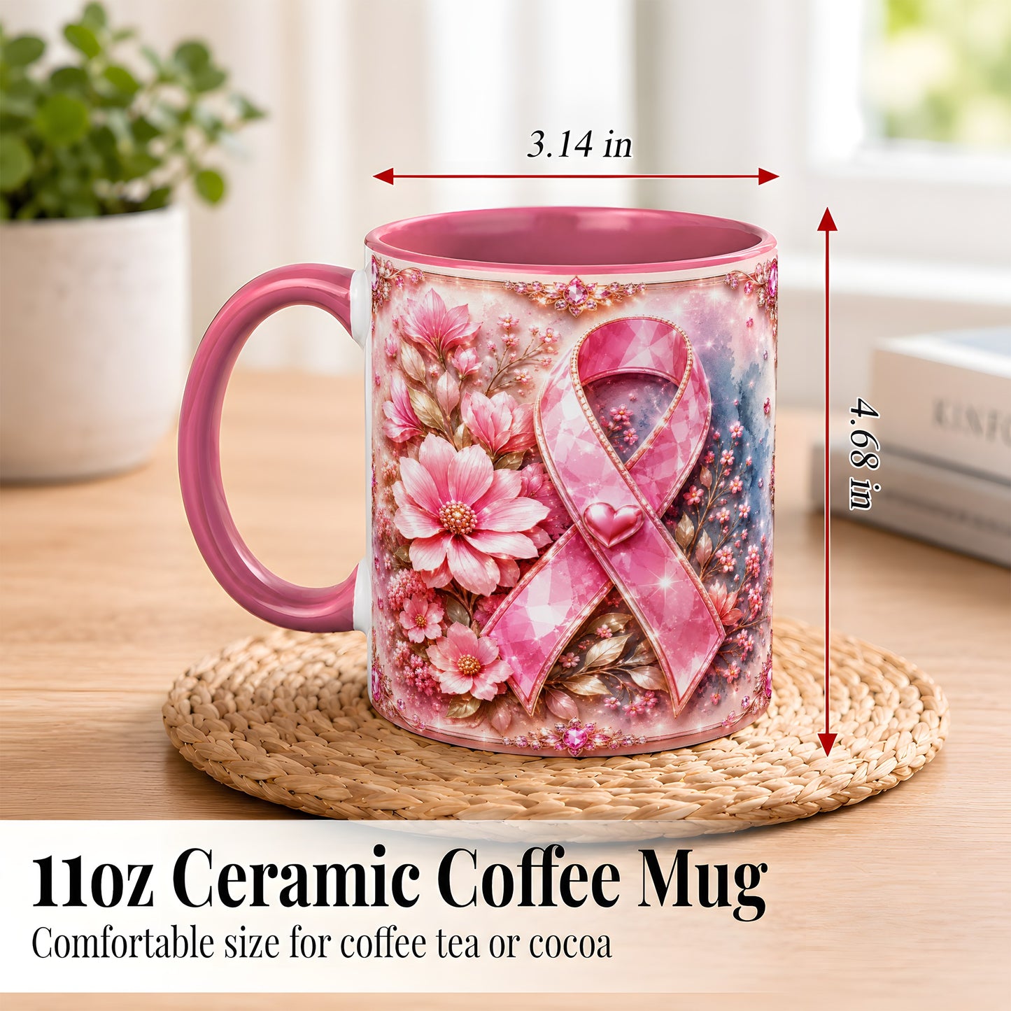 #pl[11oz|Pink] Gemstone Pink Ribbon Coffee Mug, Floral Awareness Mug, Ceramic Cup
