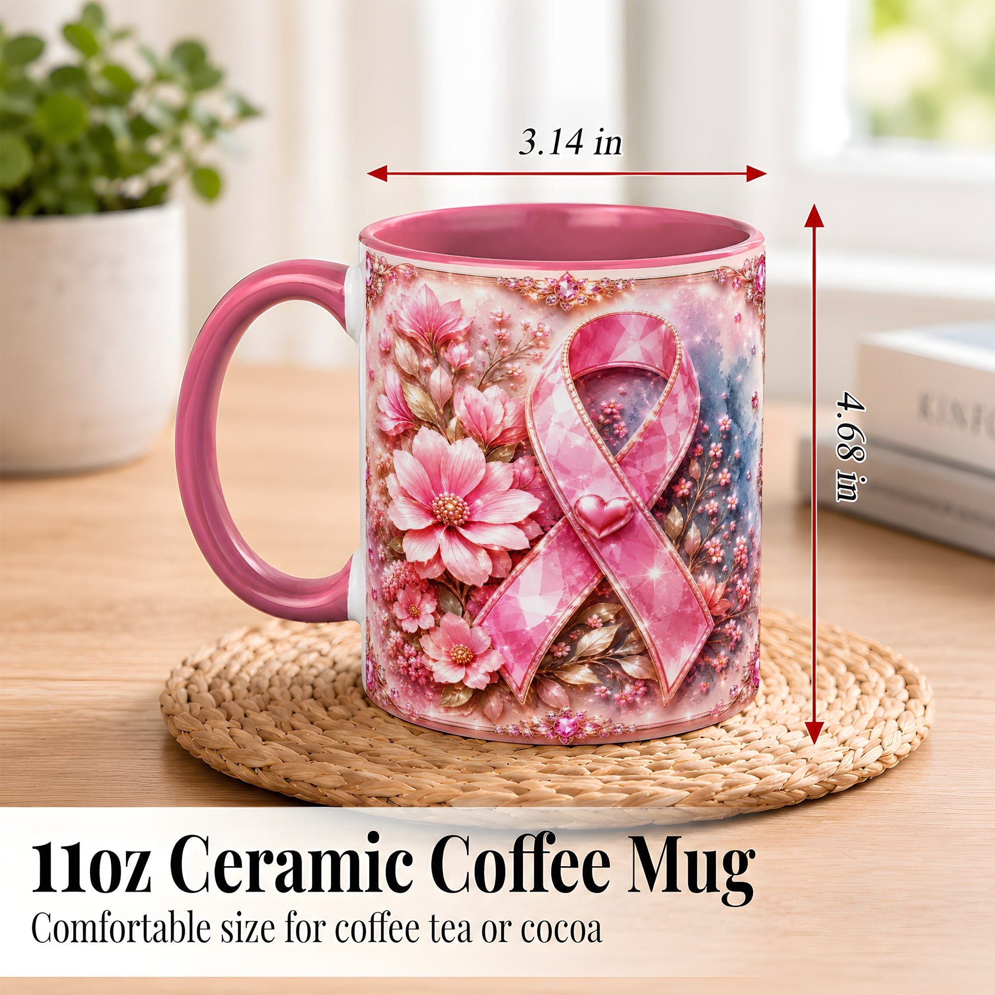 #pl[11oz|Pink] Gemstone Pink Ribbon Coffee Mug, Floral Awareness Mug, Ceramic Cup