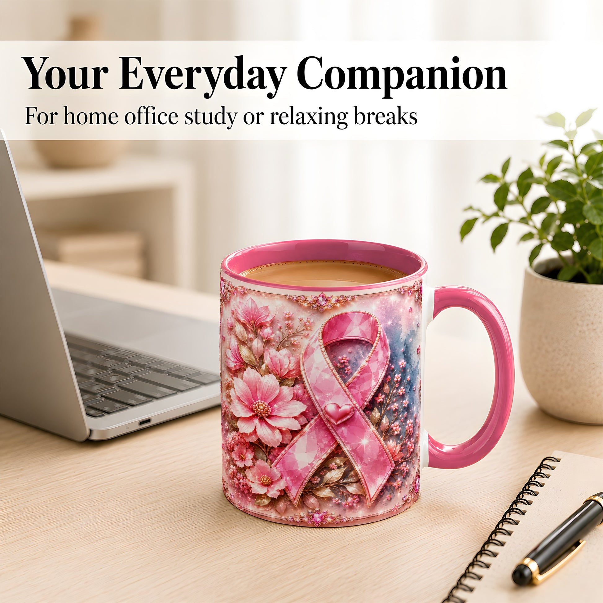 #pl[11oz|Pink] Gemstone Pink Ribbon Coffee Mug, Floral Awareness Mug, Ceramic Cup