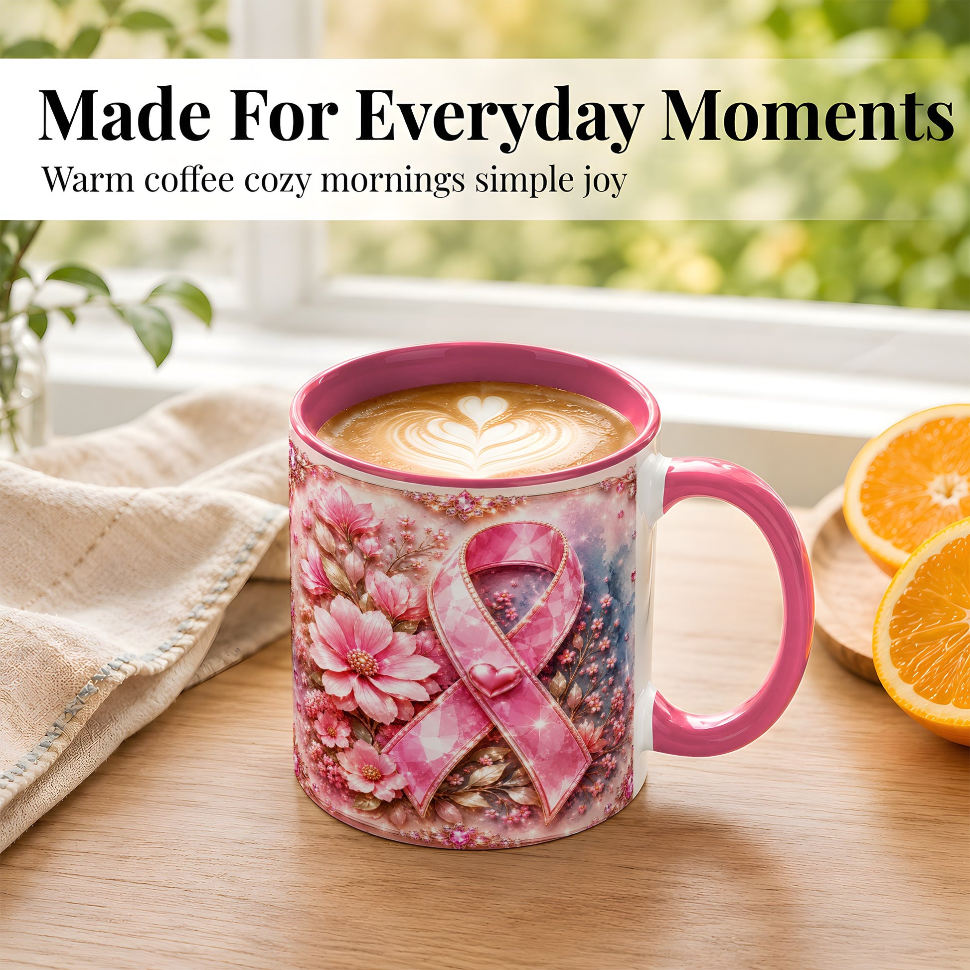 #pl[11oz|Pink] Gemstone Pink Ribbon Coffee Mug, Floral Awareness Mug, Ceramic Cup
