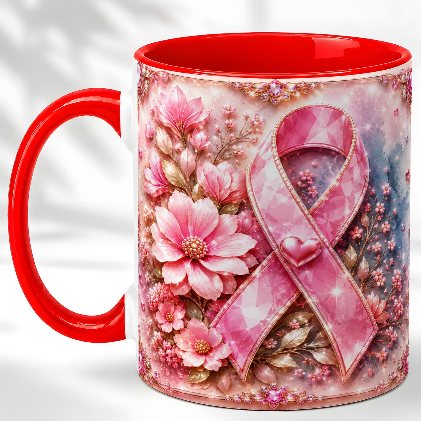 #pl[11oz|Red] Gemstone Pink Ribbon Coffee Mug, Floral Awareness Mug, Ceramic Cup