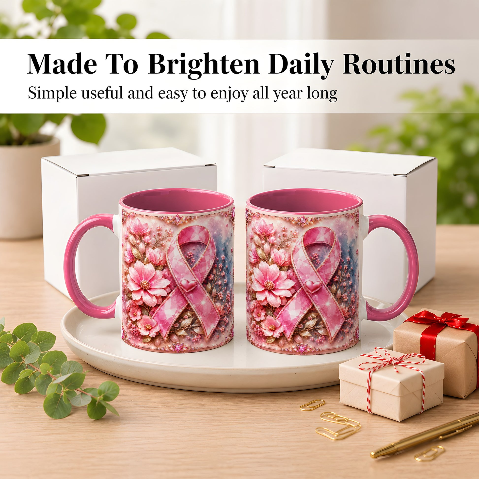 #pl[11oz|Pink] Gemstone Pink Ribbon Coffee Mug, Floral Awareness Mug, Ceramic Cup