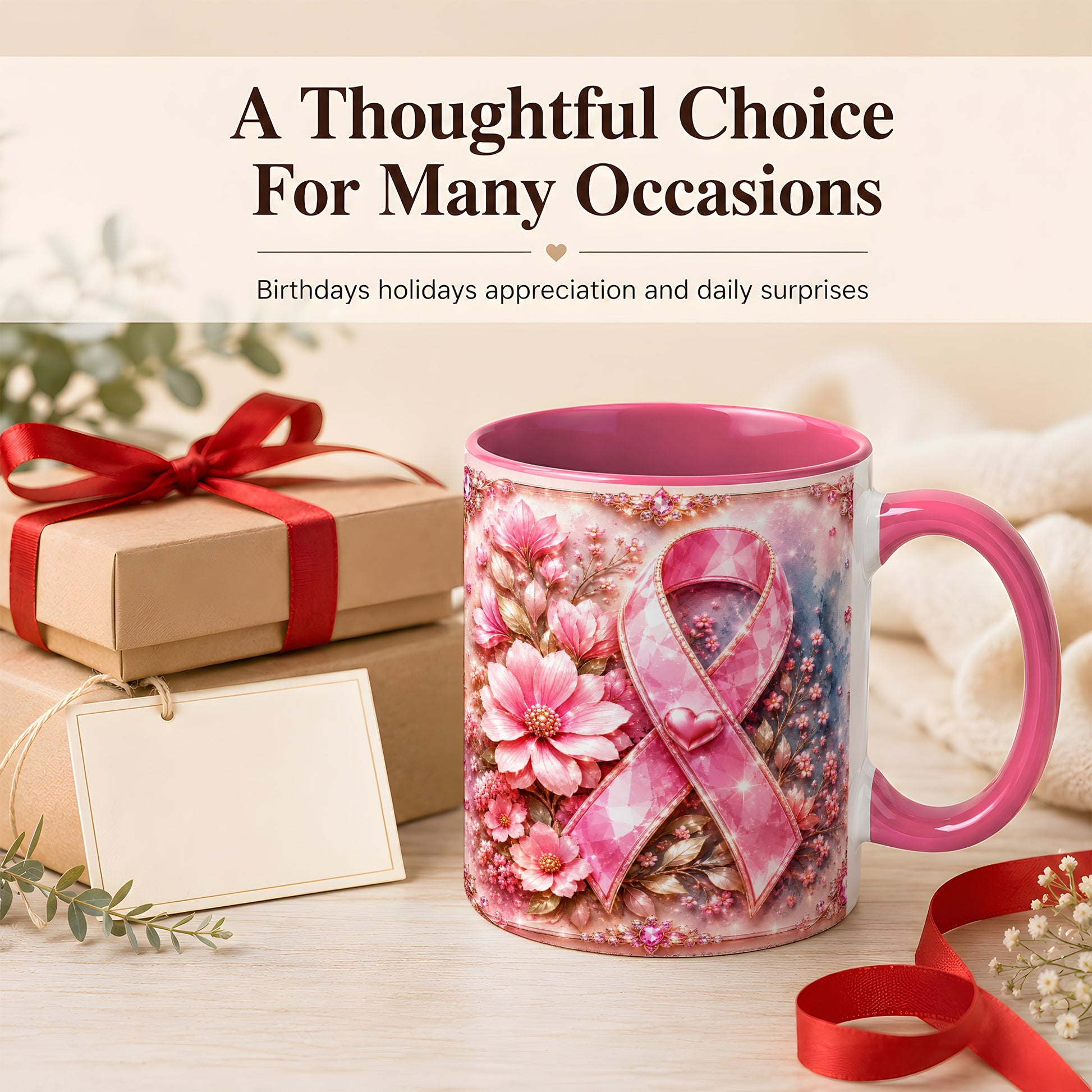 #pl[11oz|Pink] Gemstone Pink Ribbon Coffee Mug, Floral Awareness Mug, Ceramic Cup