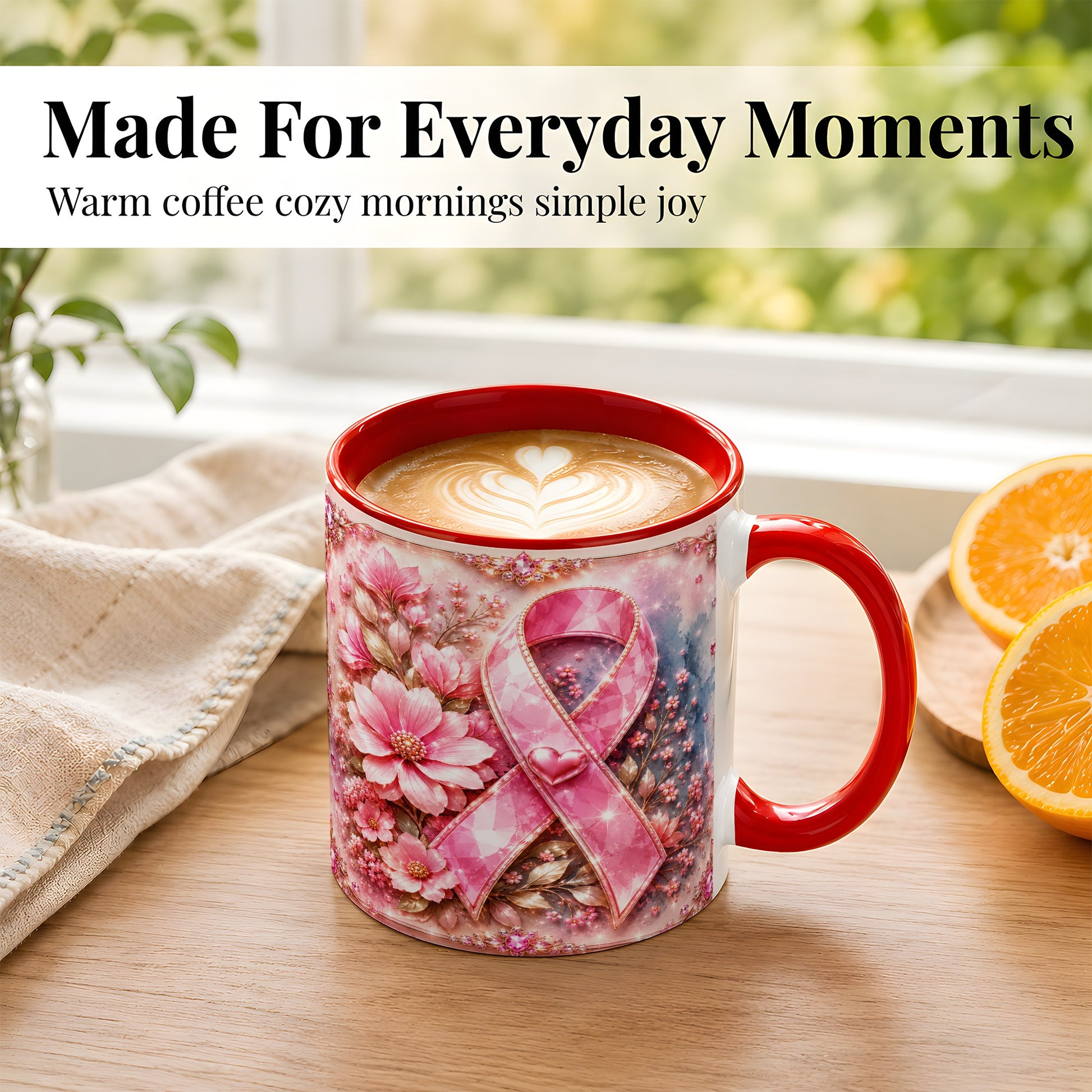 #pl[11oz|Red] Gemstone Pink Ribbon Coffee Mug, Floral Awareness Mug, Ceramic Cup
