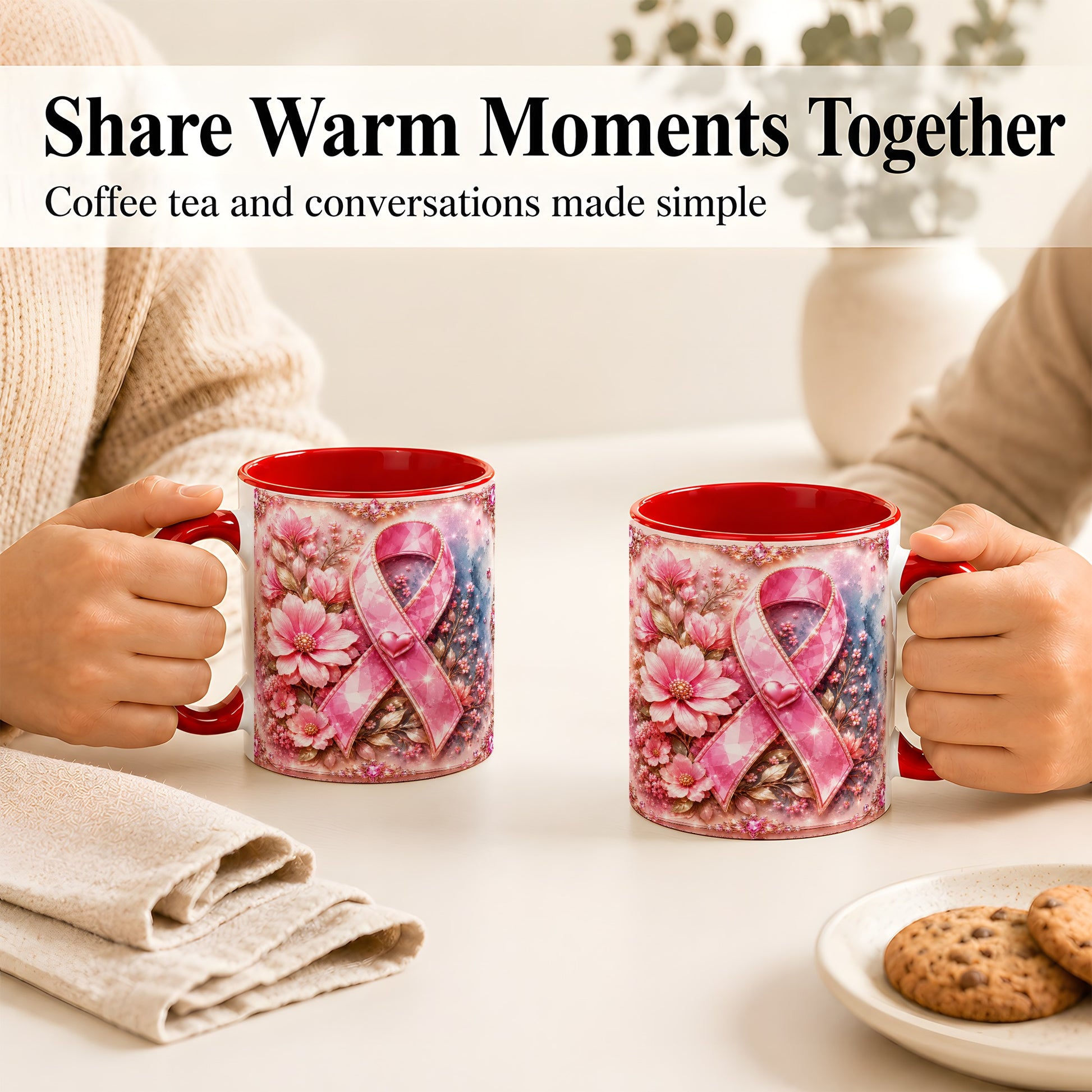#pl[11oz|Red] Gemstone Pink Ribbon Coffee Mug, Floral Awareness Mug, Ceramic Cup