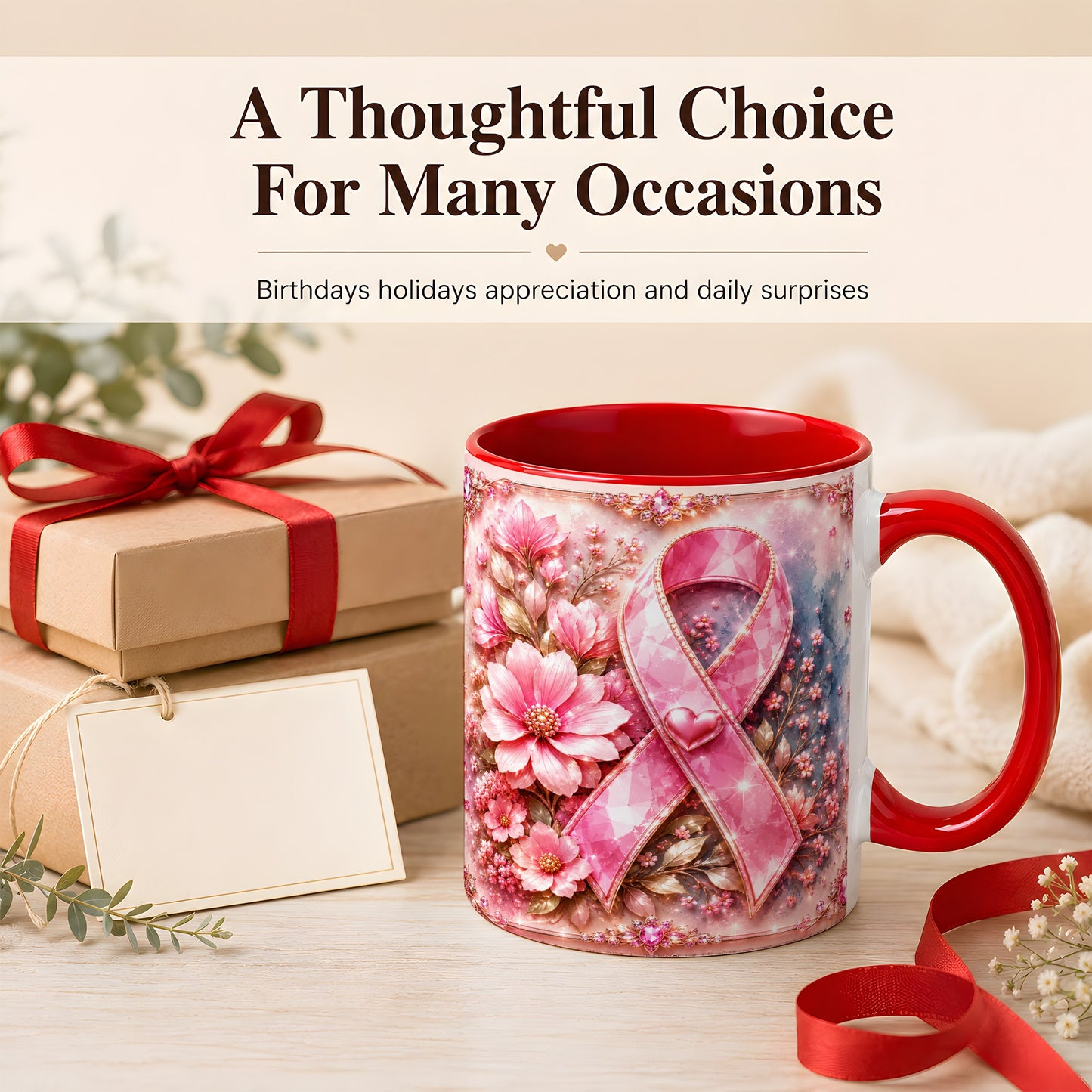 #pl[11oz|Red] Gemstone Pink Ribbon Coffee Mug, Floral Awareness Mug, Ceramic Cup