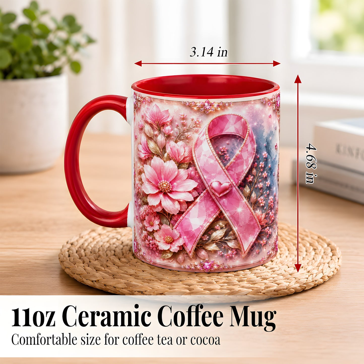 #pl[11oz|Red] Gemstone Pink Ribbon Coffee Mug, Floral Awareness Mug, Ceramic Cup