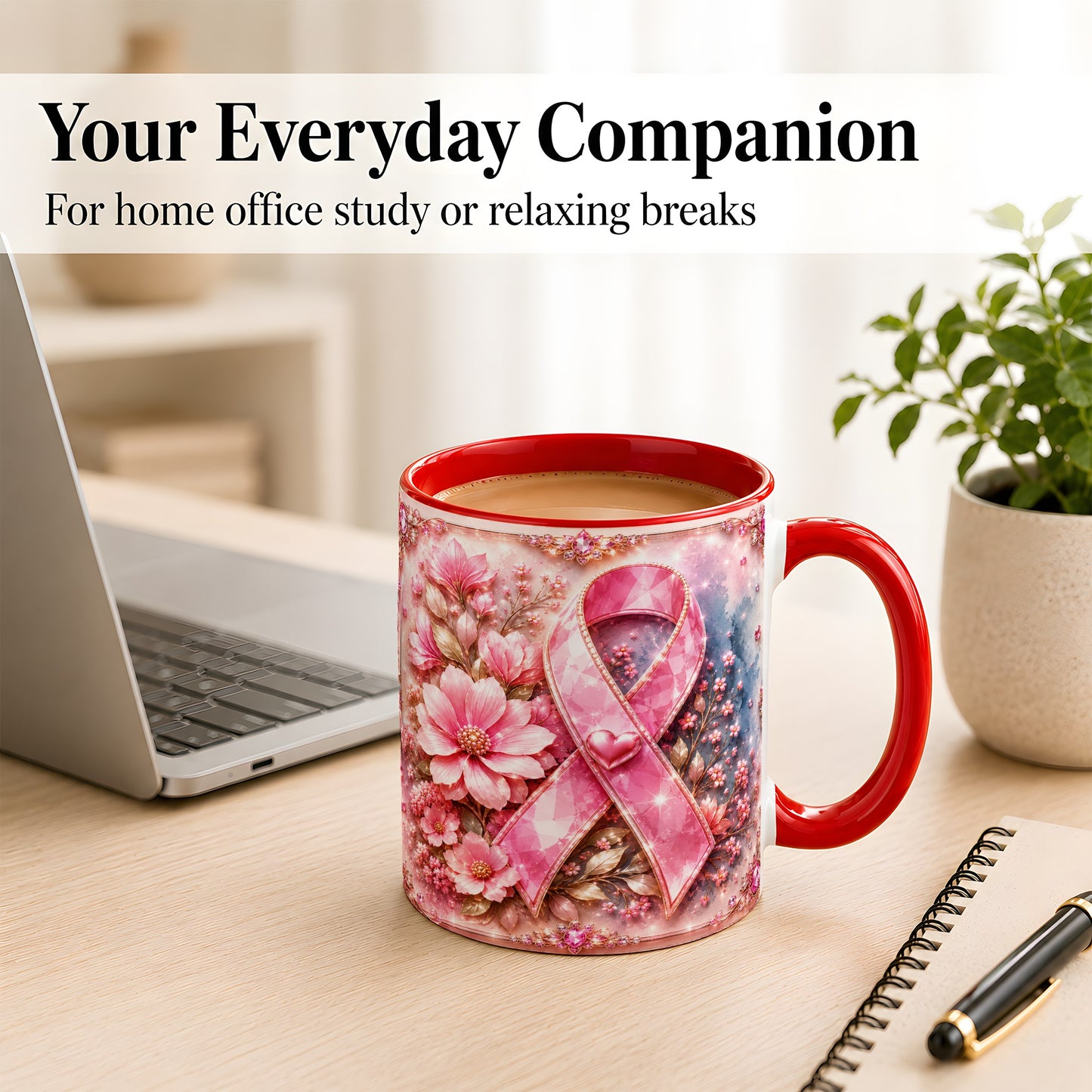 #pl[11oz|Red] Gemstone Pink Ribbon Coffee Mug, Floral Awareness Mug, Ceramic Cup